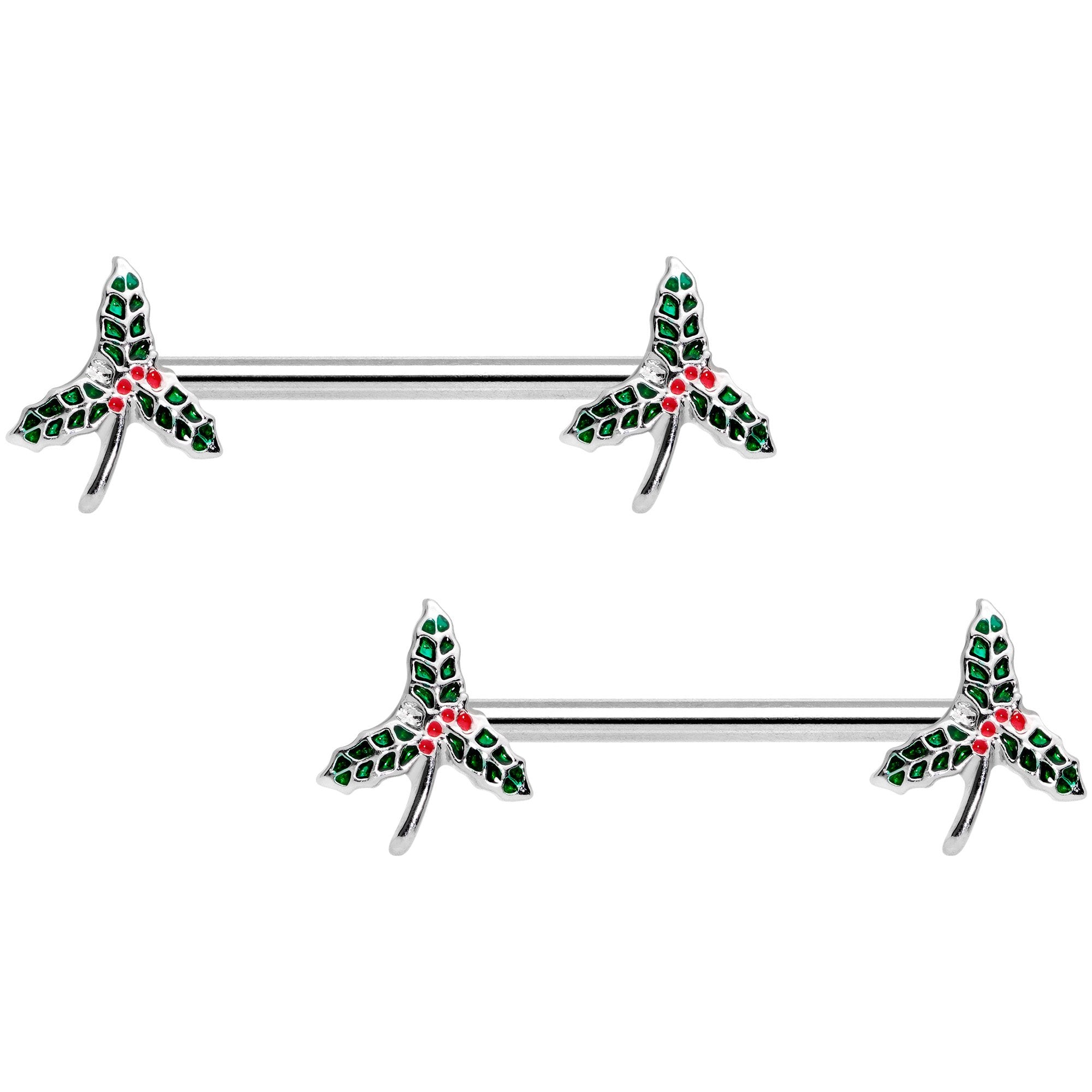 14G 9/16 Holiday Mistletoe Barbell Nipple Ring Set