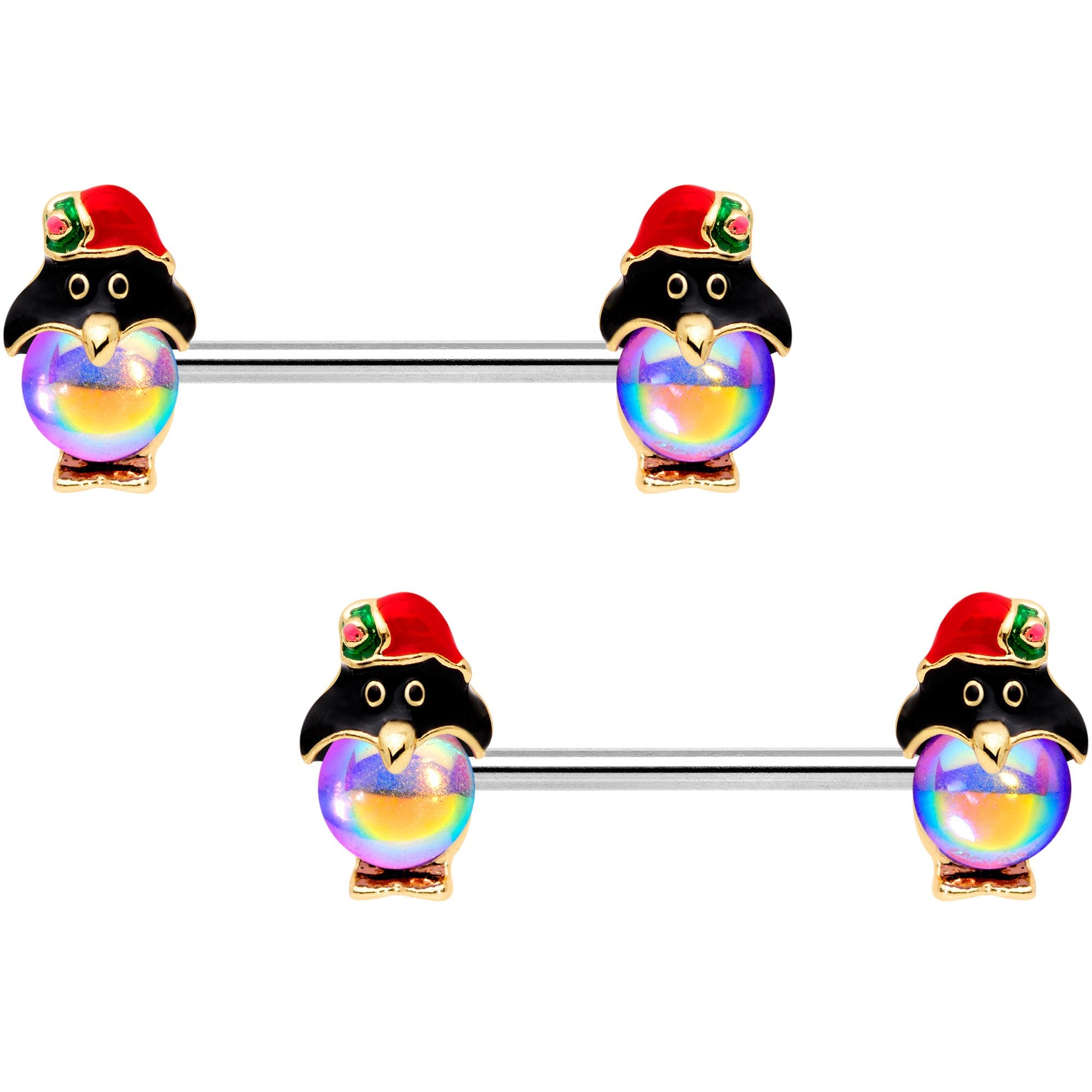 14G 9/16 Iridescent Holiday Penguin Barbell Nipple Ring Set