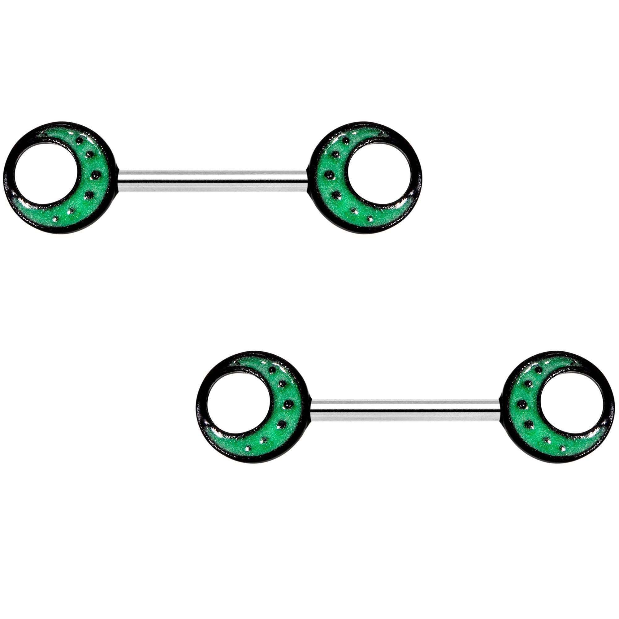 14G 9/16 Glow in the Dark Green Moon Barbell Nipple Ring Set