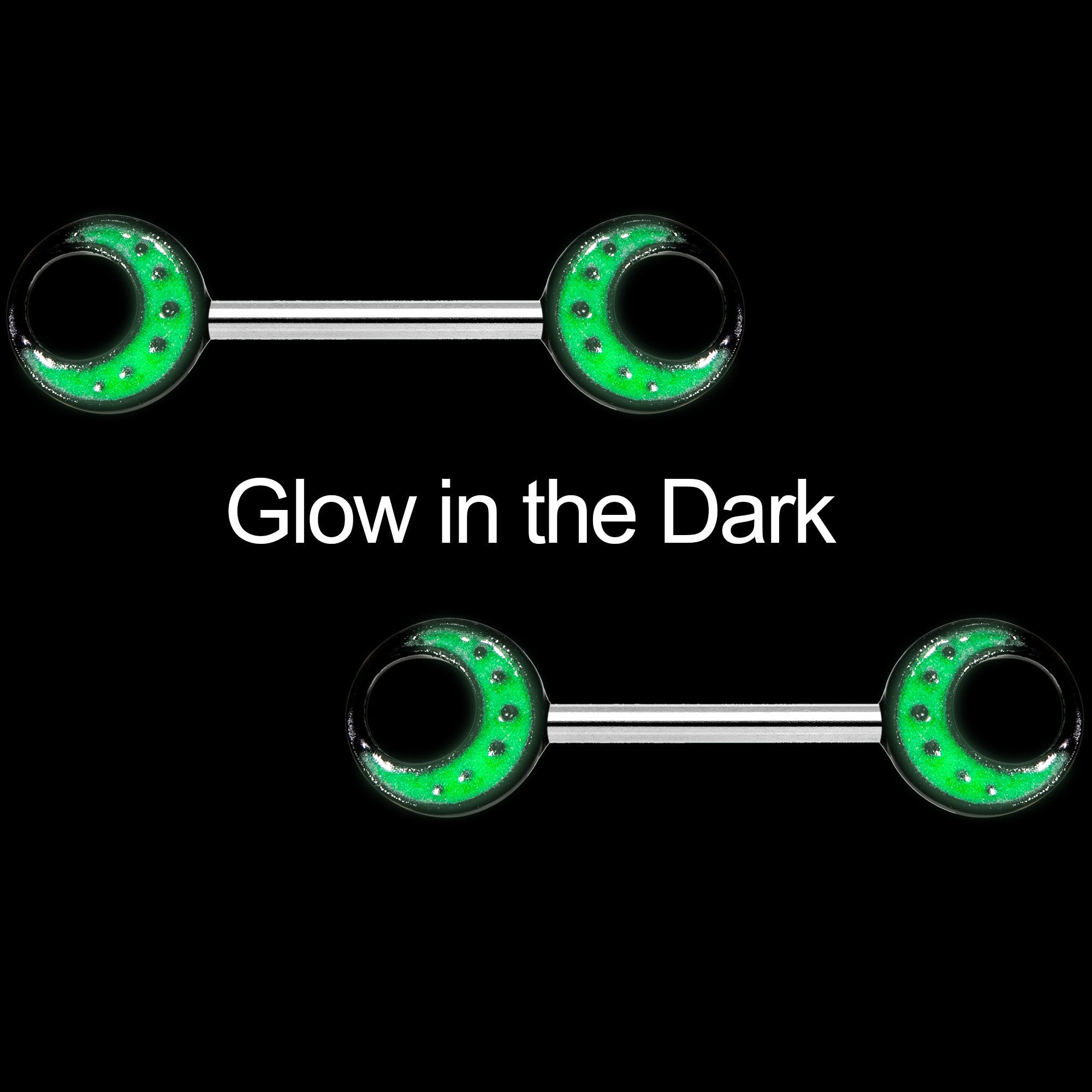 14G 9/16 Glow in the Dark Green Moon Barbell Nipple Ring Set