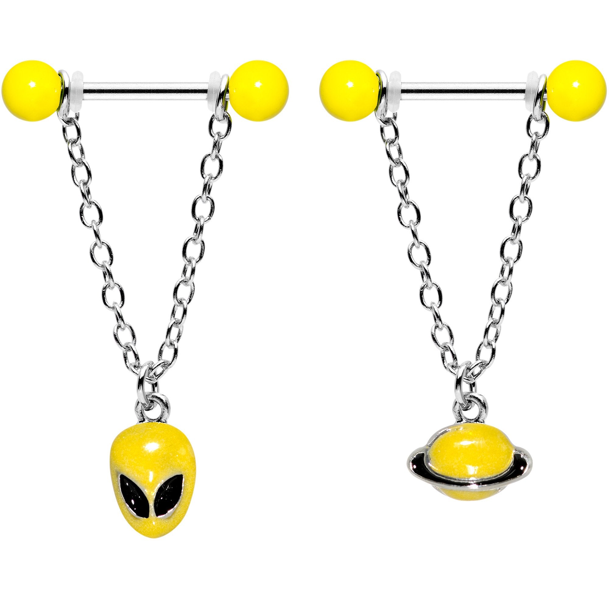 14G 9/16 Yellow Glow Alien Saturn Dangle Barbell Nipple Ring Set