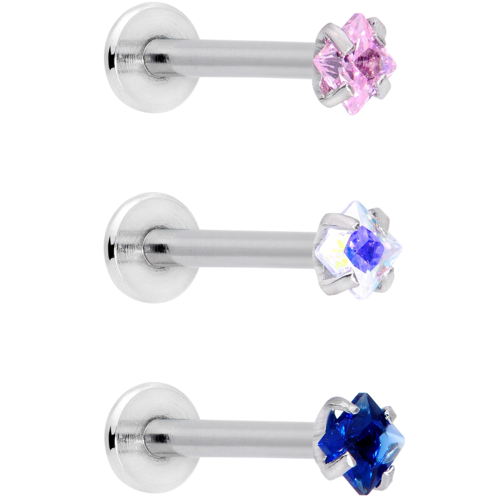 16G 3/8 Pink Aurora Blue CZ Gem Labret Tragus Set of 3