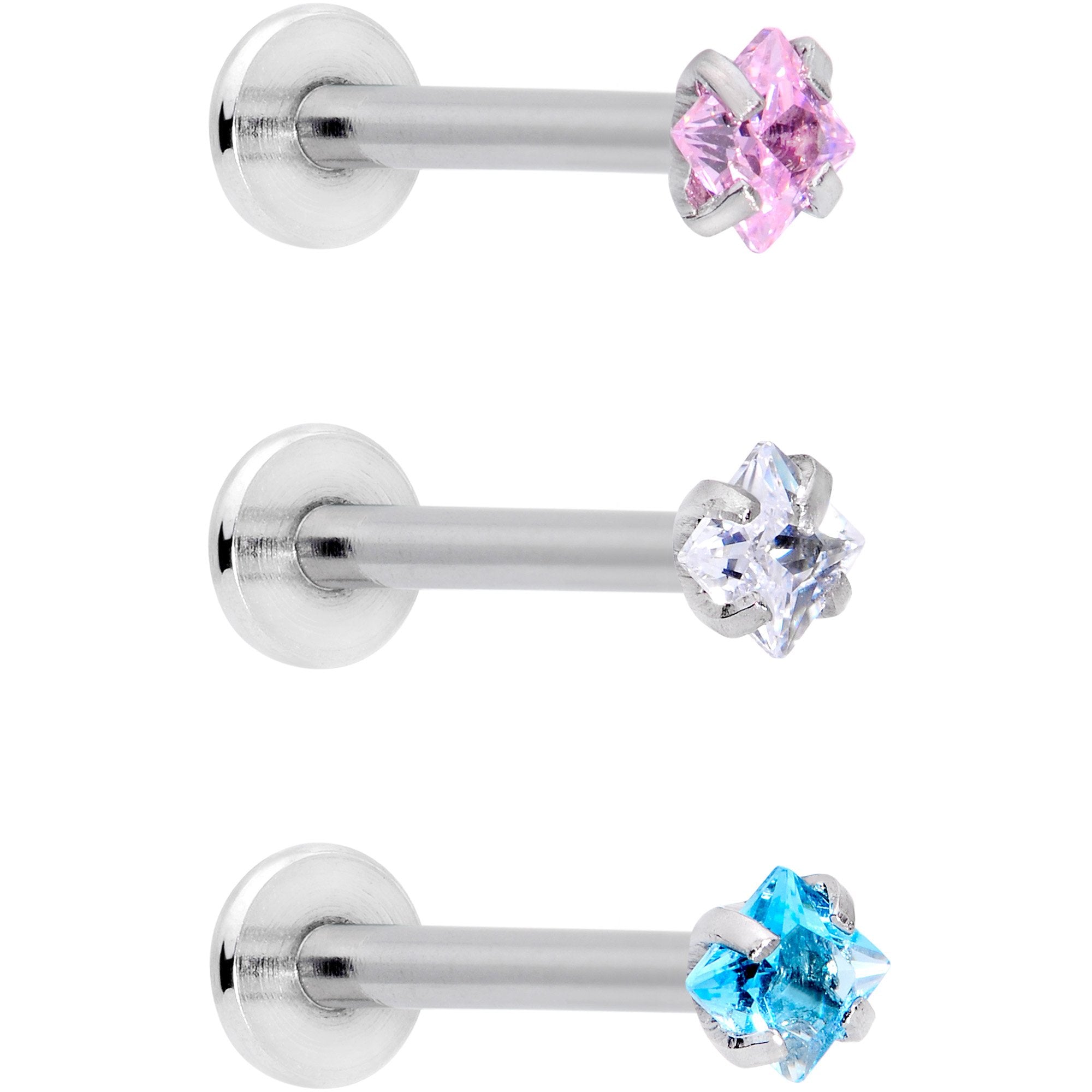 16G 3/8 Clear Pink Blue CZ Gem Labret Tragus Set of 3