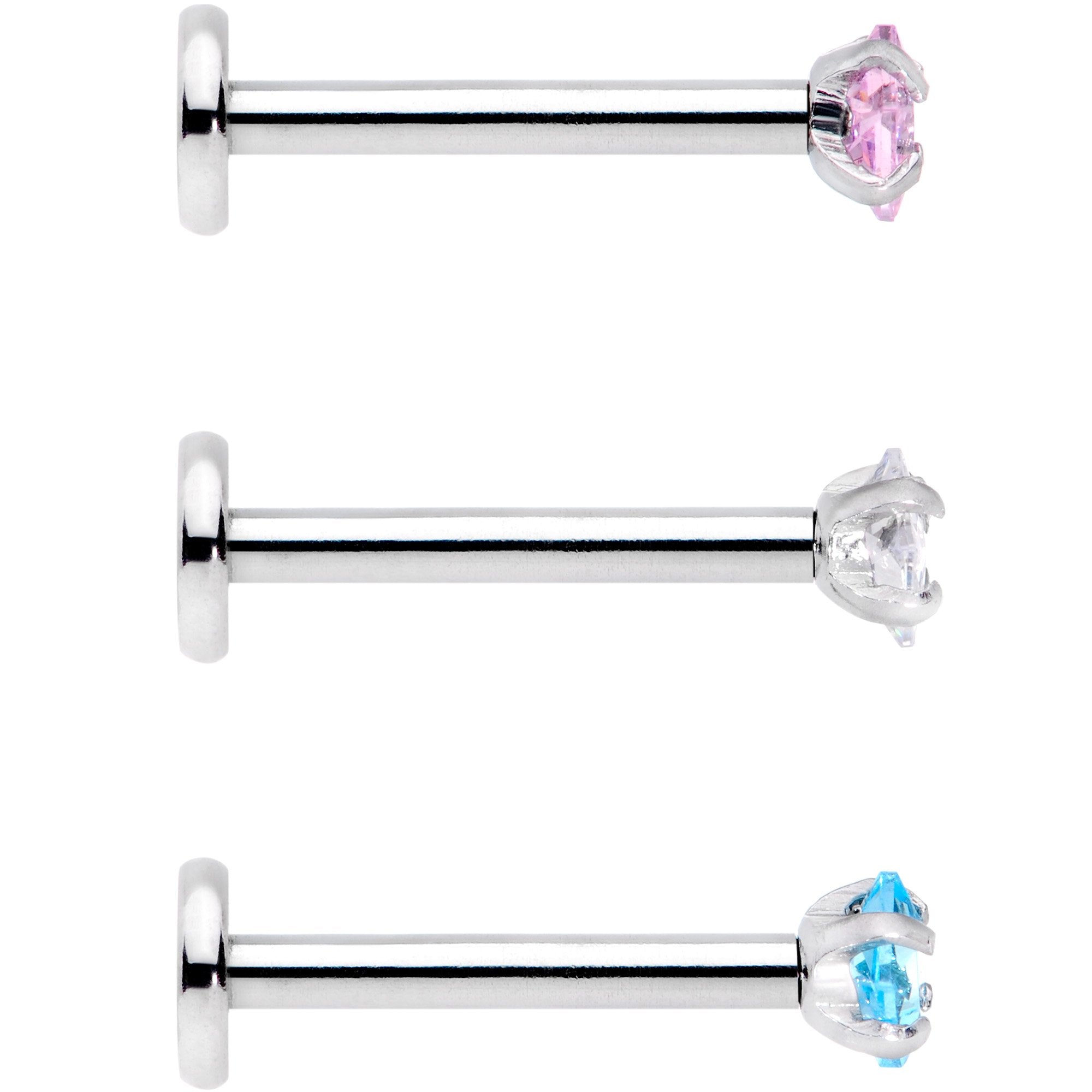 16G 3/8 Clear Pink Blue CZ Gem Labret Tragus Set of 3