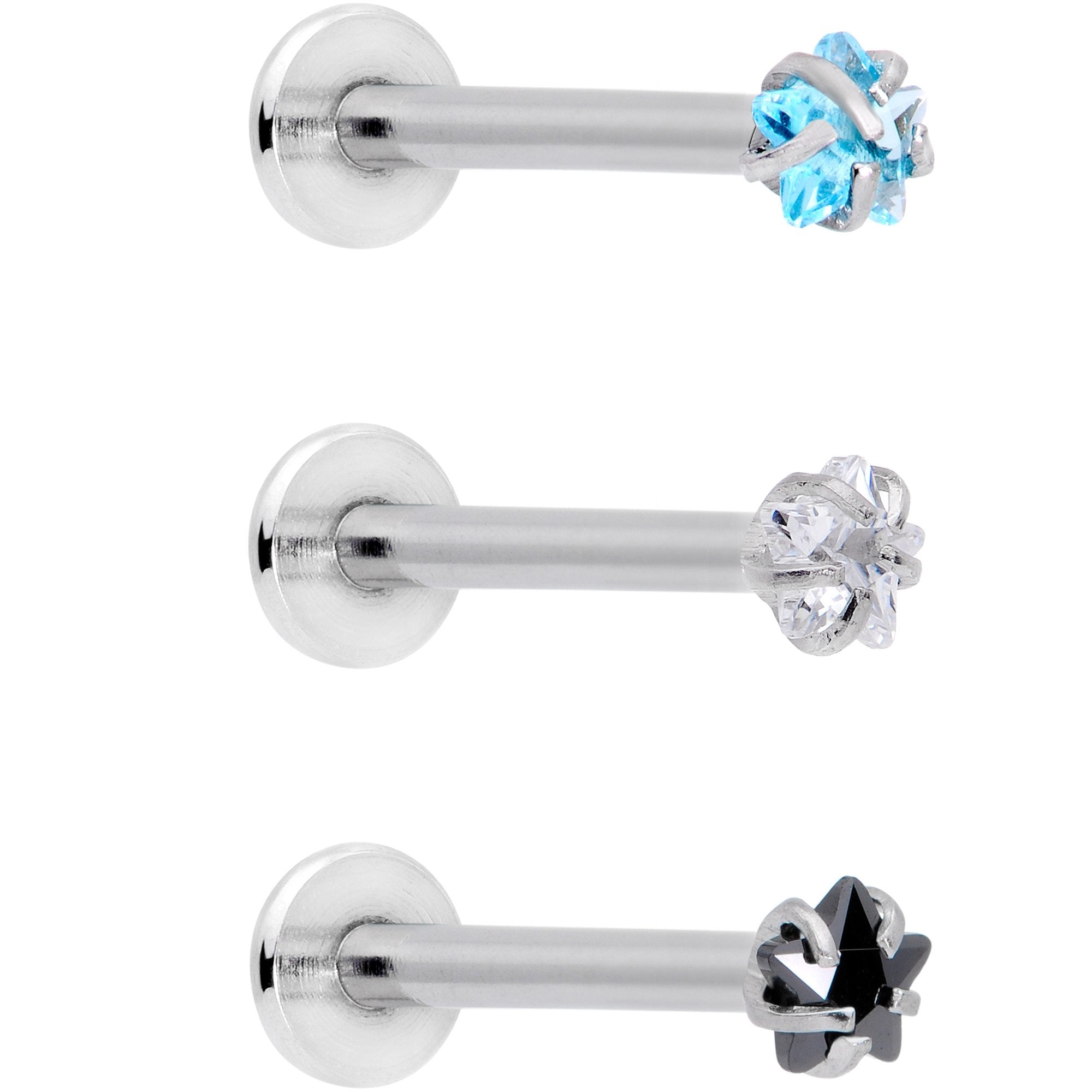 16G 3/8 Clear Black Blue Star CZ Gem Labret Tragus Set of 3