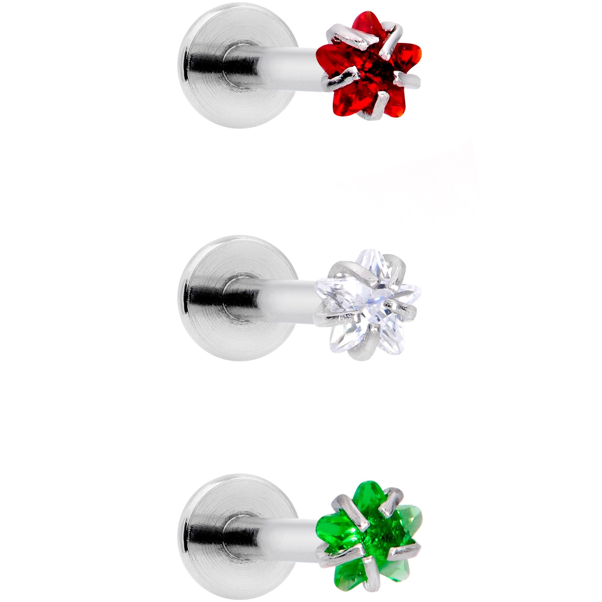 16G 3/8 Red Green CZ Gem Holiday Star Labret Tragus Set of 3