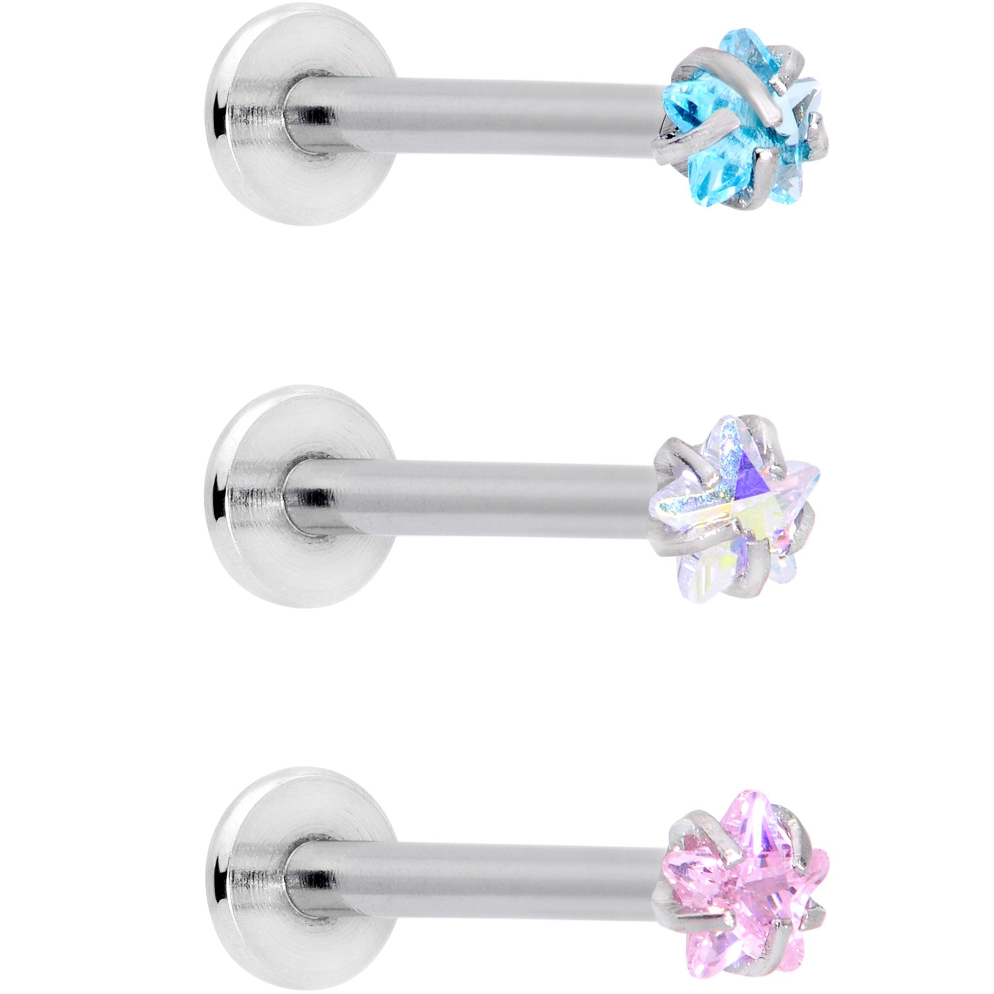 16G 3/8 Clear Pink Blue Star CZ Gem Labret Tragus Set of 3