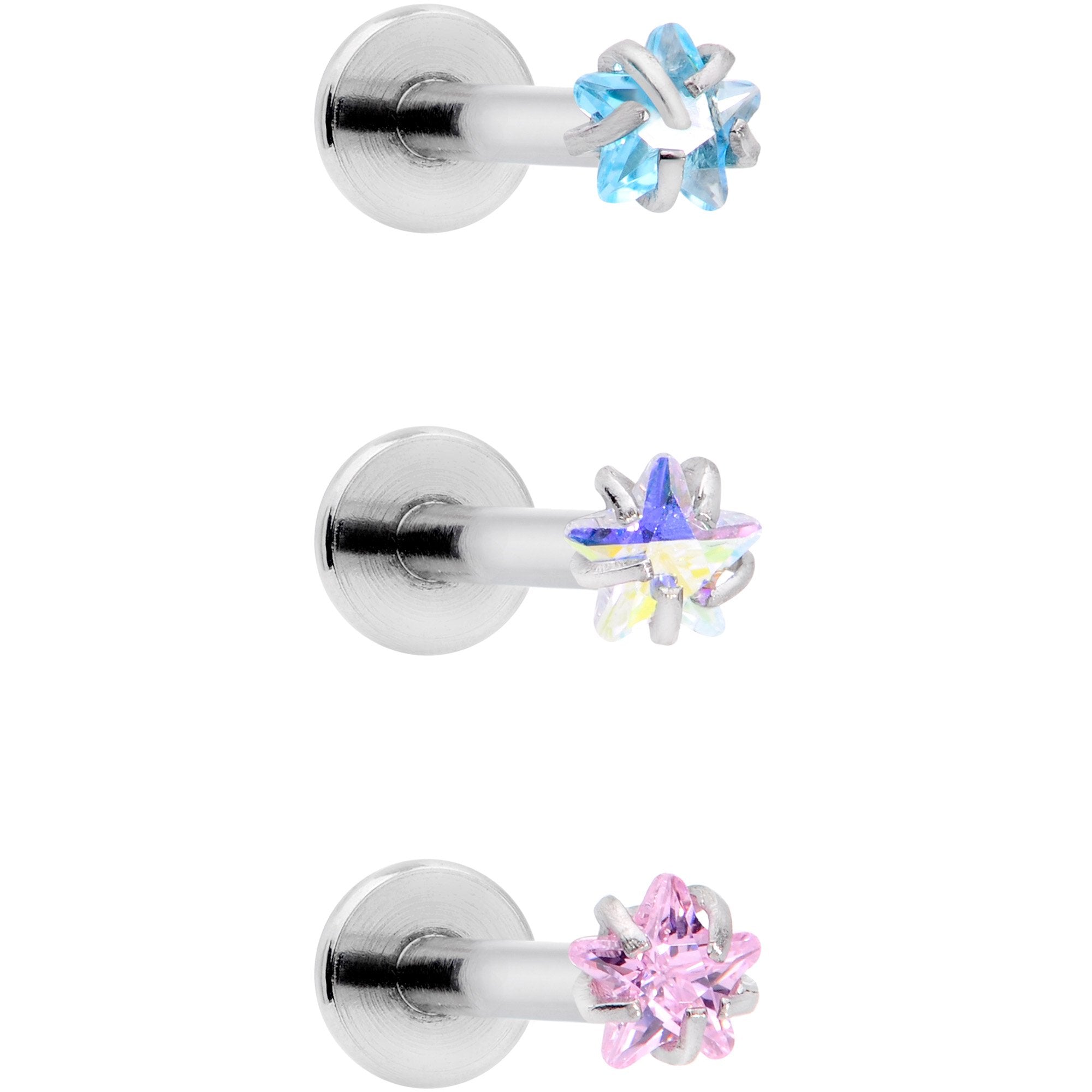 16G 3/8 Clear Pink Blue Star CZ Gem Labret Tragus Set of 3