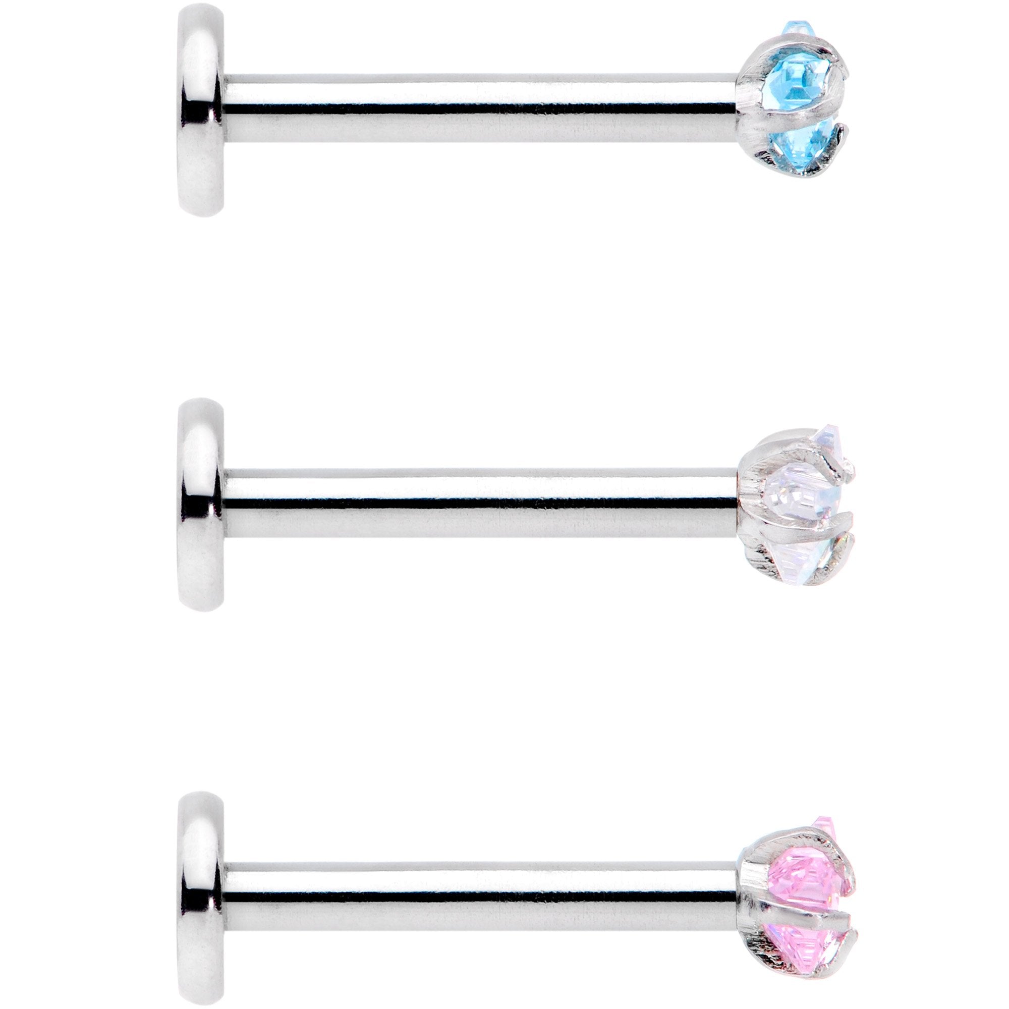 16G 3/8 Clear Pink Blue Star CZ Gem Labret Tragus Set of 3