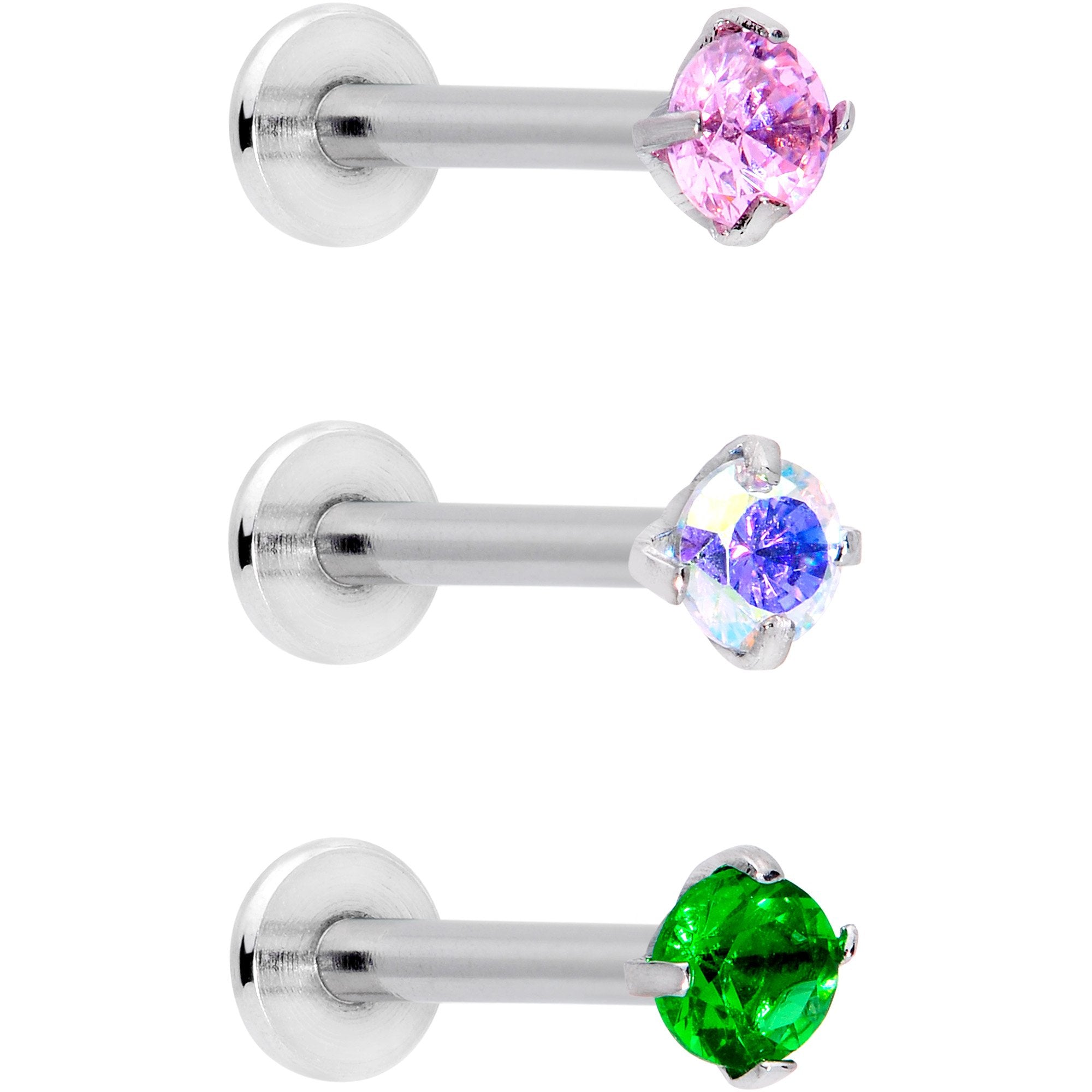 16G 3/8 Pink Aurora Green Round CZ Gem Labret Tragus Set of 3