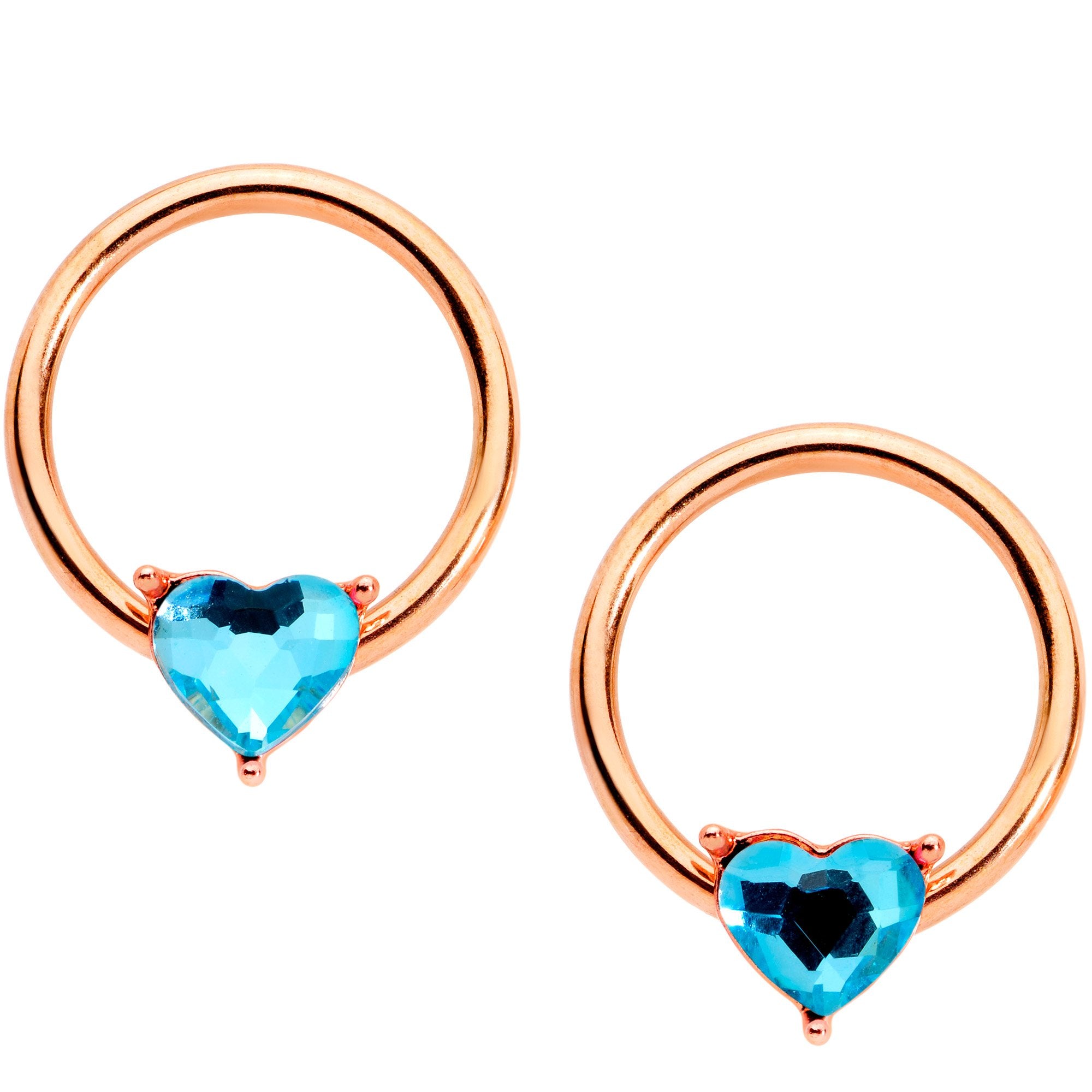 14G Aqua Gem Heart Rose Gold Tone BCR Barbell Nipple Ring Set of 4