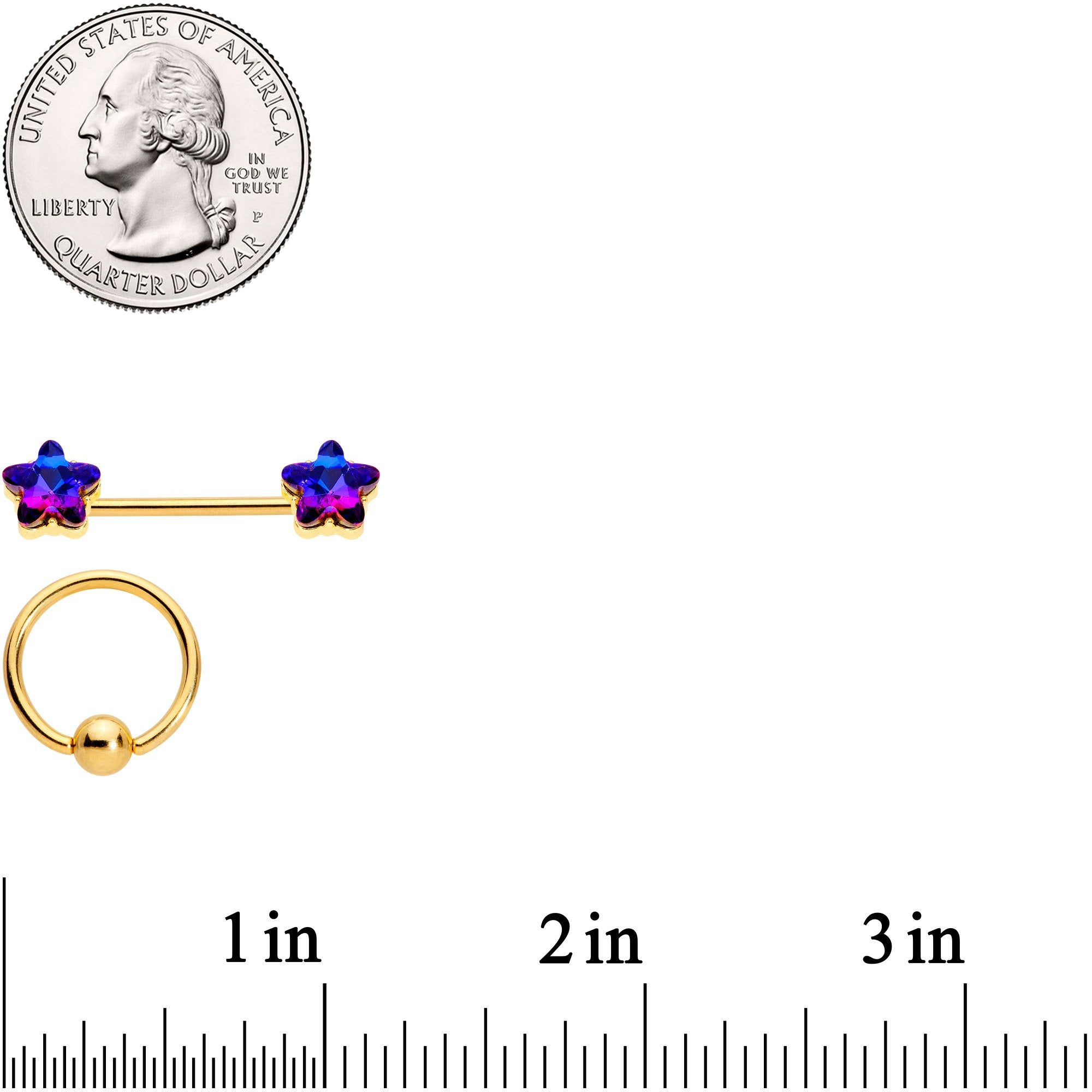 14G Deep Blue Gem Star Gold Tone BCR Barbell Nipple Ring Set