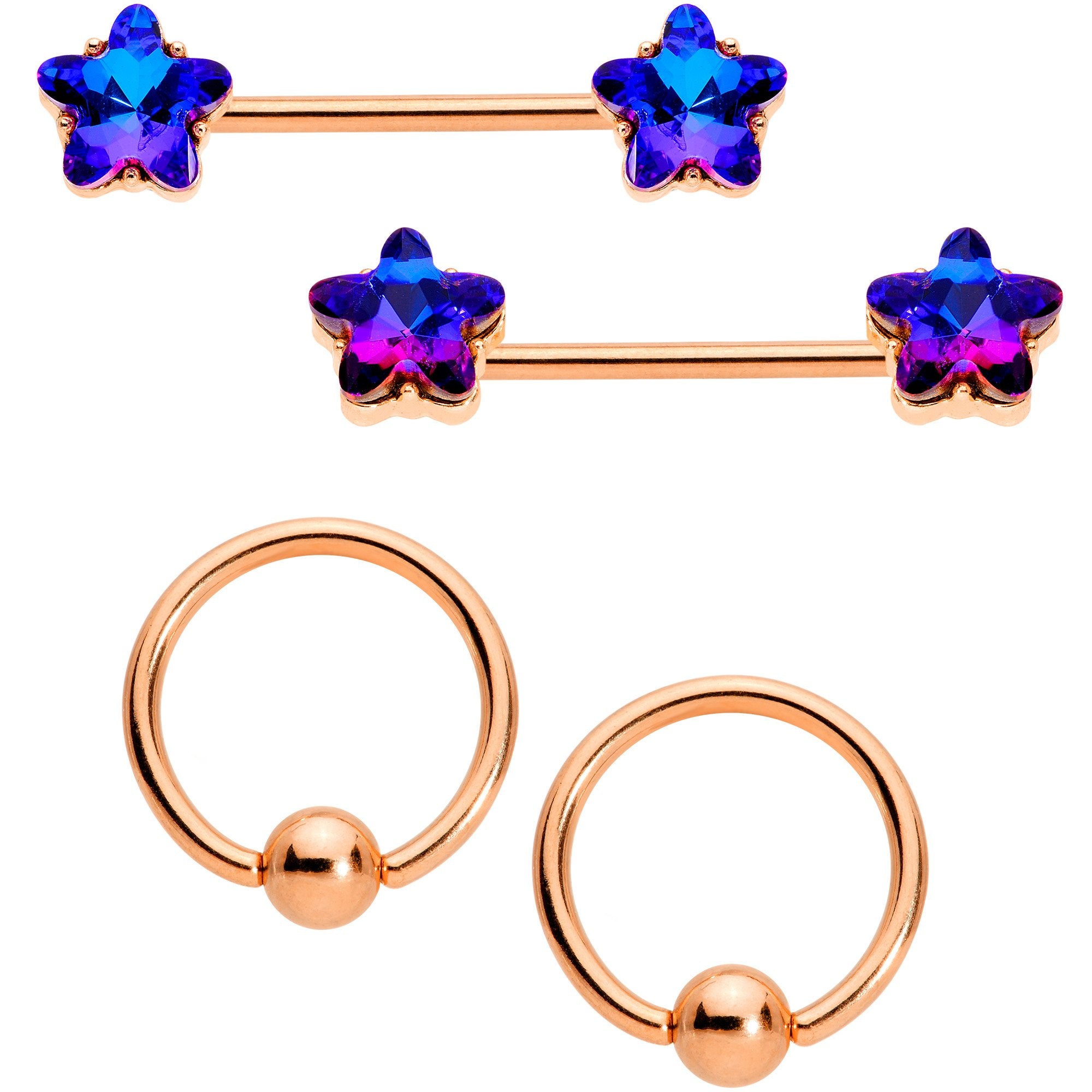 14G Dk Blue Gem Star Rose Gold Hue BCR Barbell Nipple Ring Set