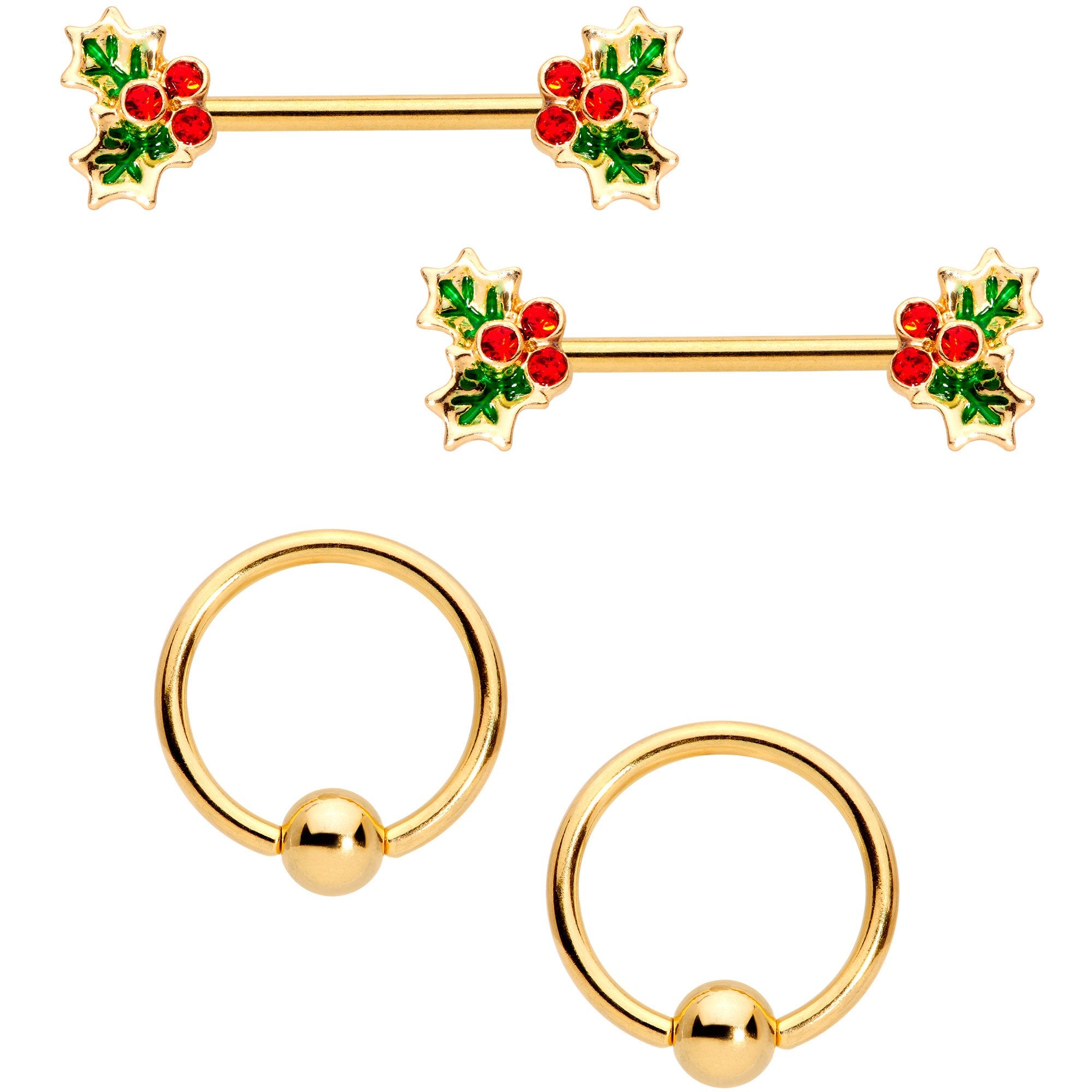 14G Red Gem Gold Tone Holly BCR Barbell Nipple Ring Set of 4