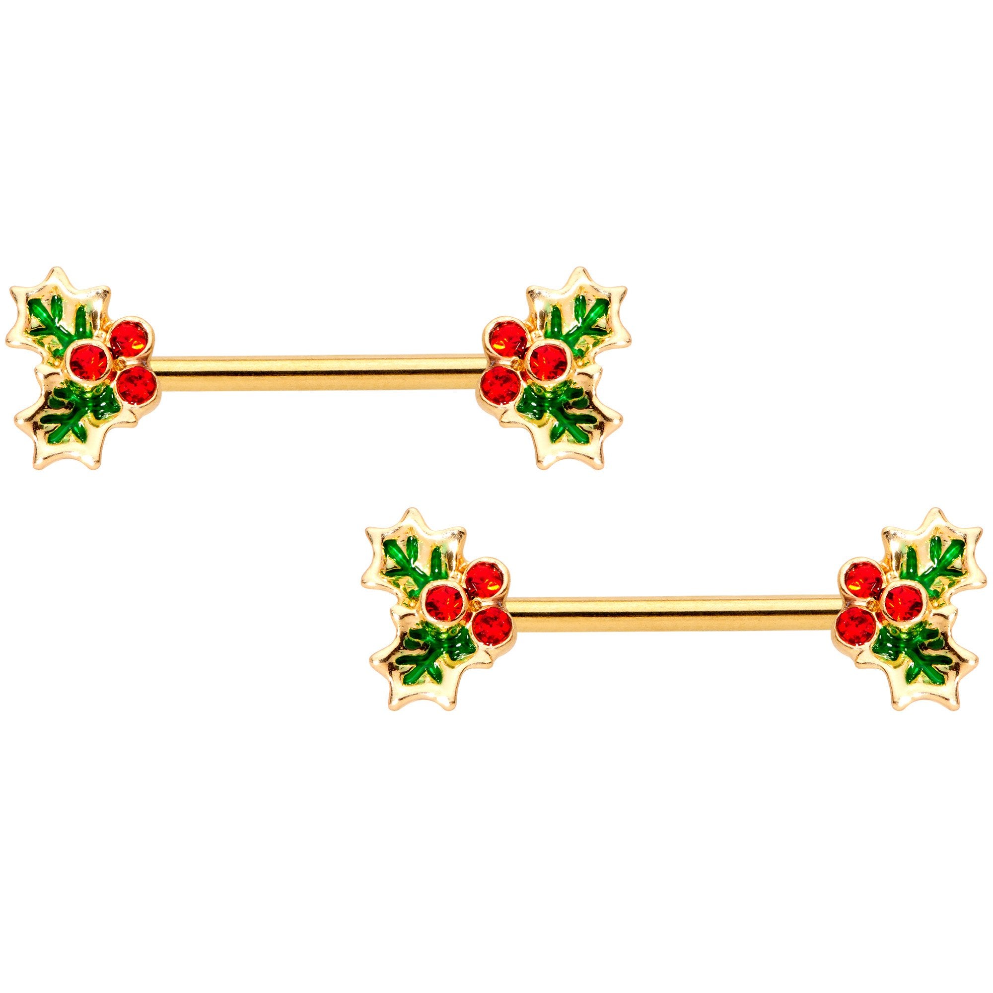 14G Red Gem Gold Tone Holly BCR Barbell Nipple Ring Set of 4