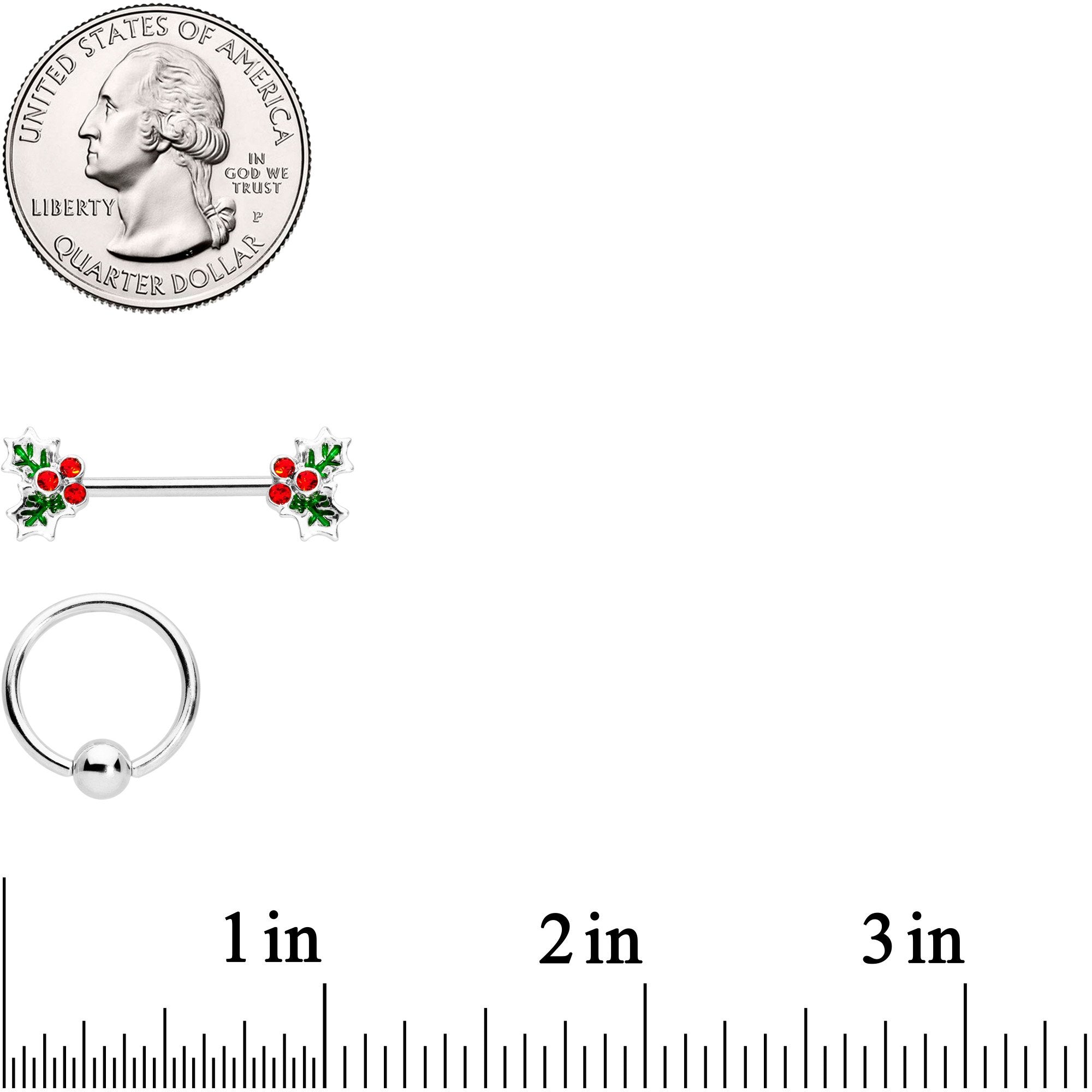 14G Red Gem Color Inlay Holly BCR Barbell Nipple Ring Set of 4