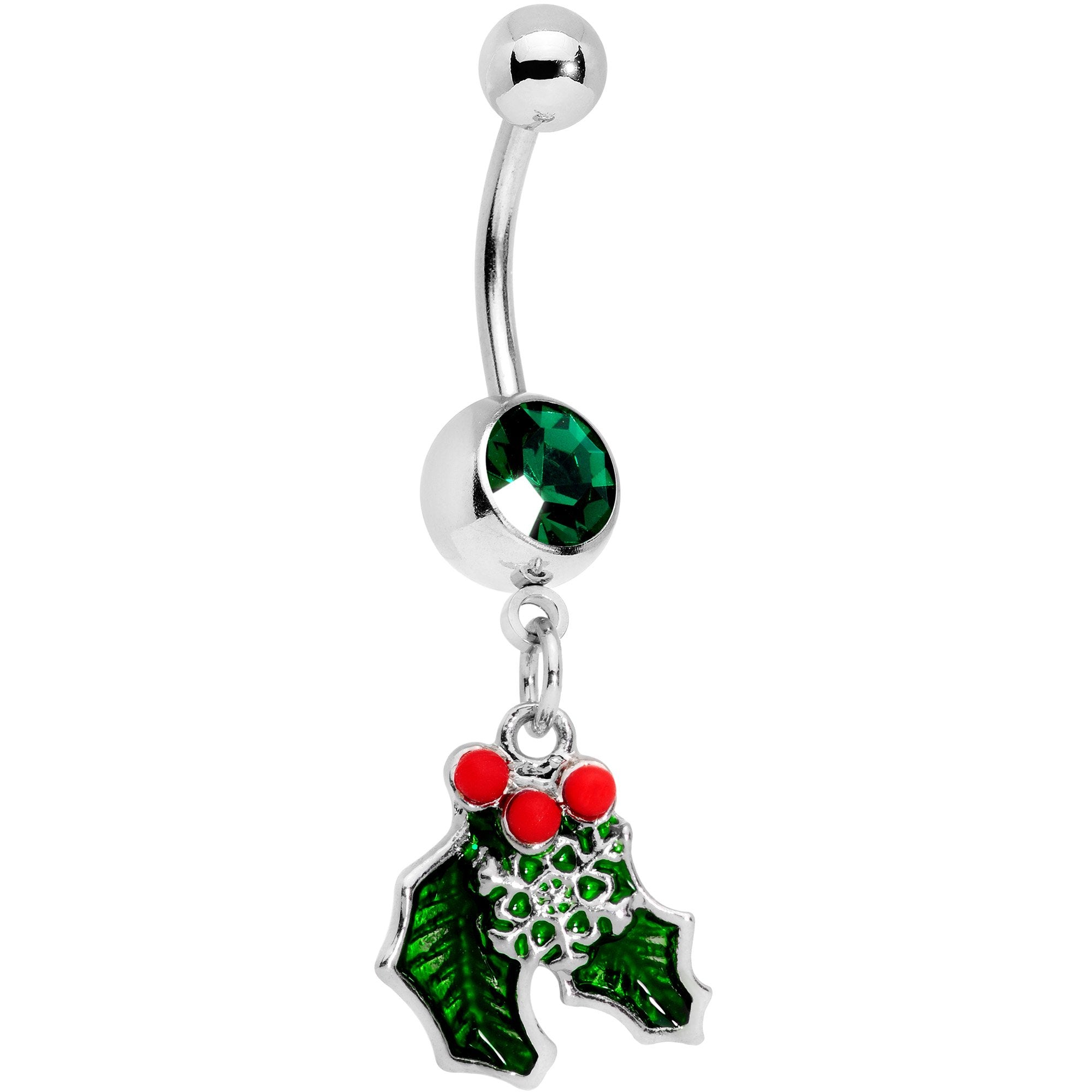 Green Gem Winter Wonderland Snow on the Holly Dangle Belly Ring