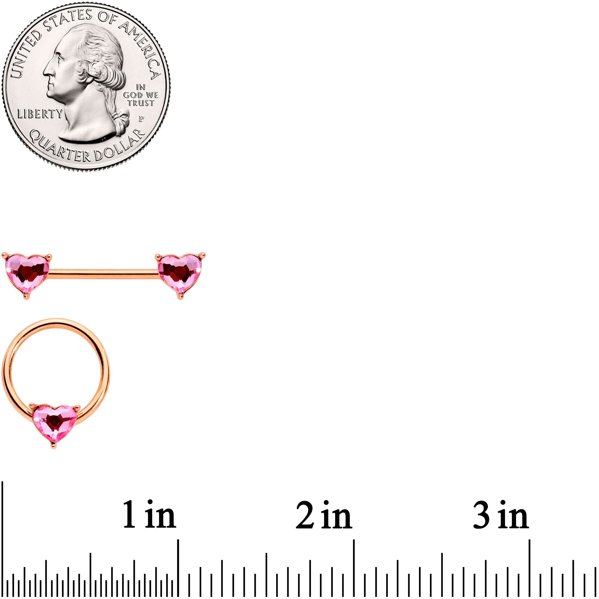 14G Pink Gem Rose Gold Tone Heart BCR Barbell Nipple Ring Set