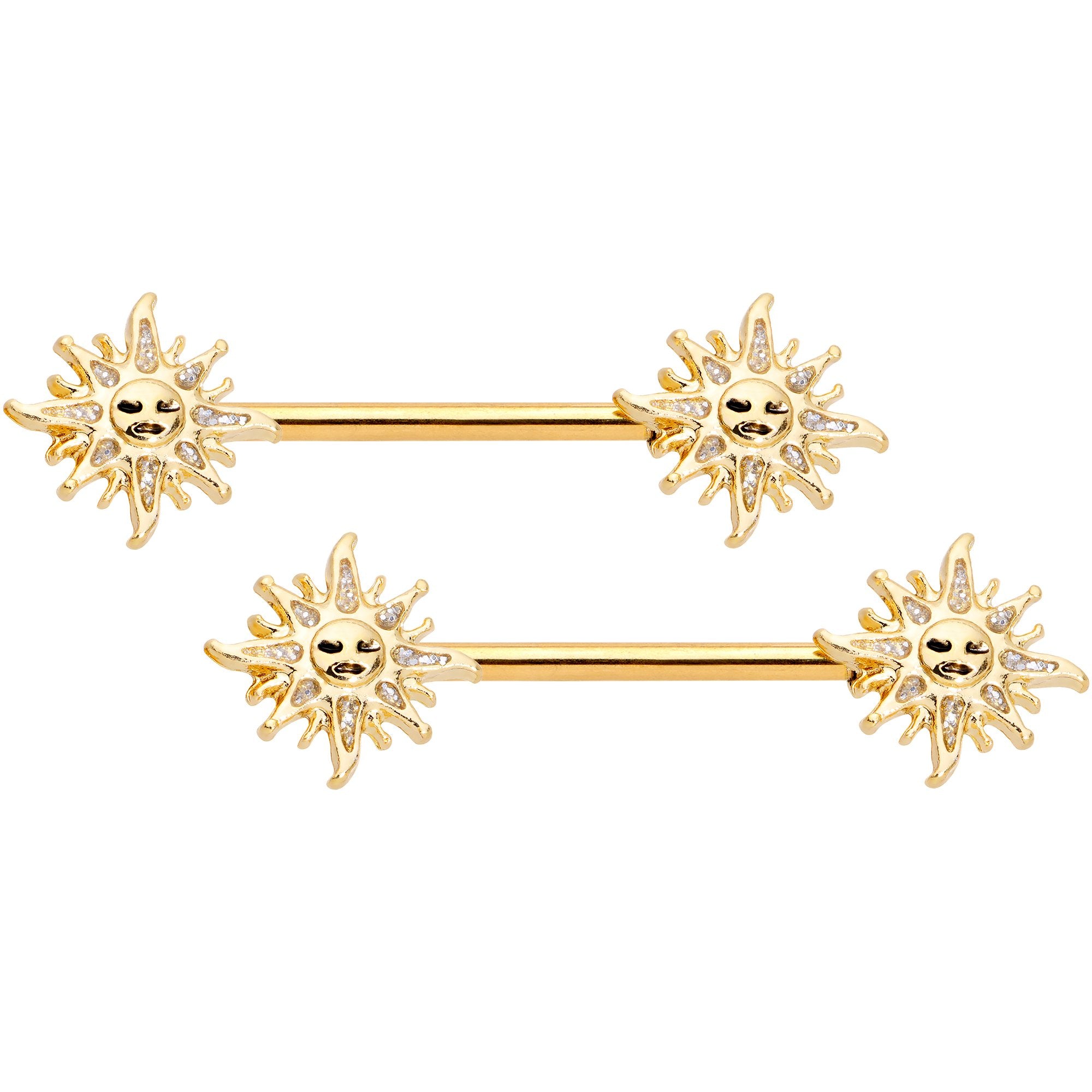 14G 9/16 Gold Tone Happy Sun Barbell Nipple Ring Set