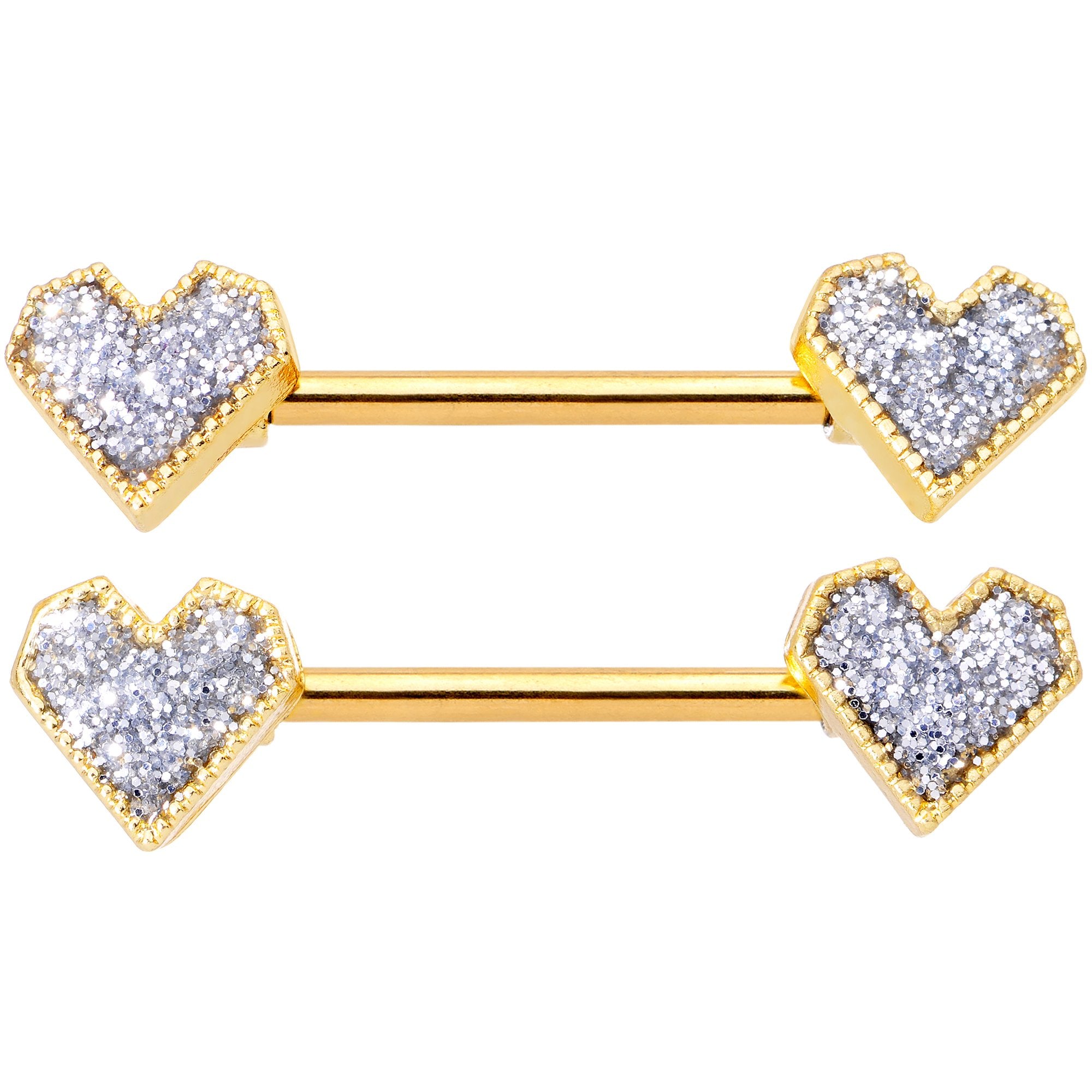 14G 9/16 Gold Tone Valentine Heart Barbell Nipple Ring Set