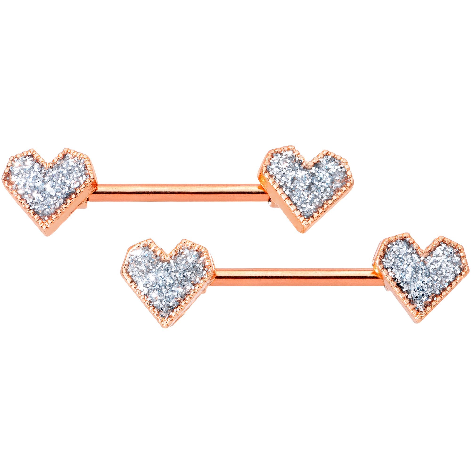 14 Gauge 9/16 Rose Gold Tone Valentine Heart Barbell Nipple Ring Set