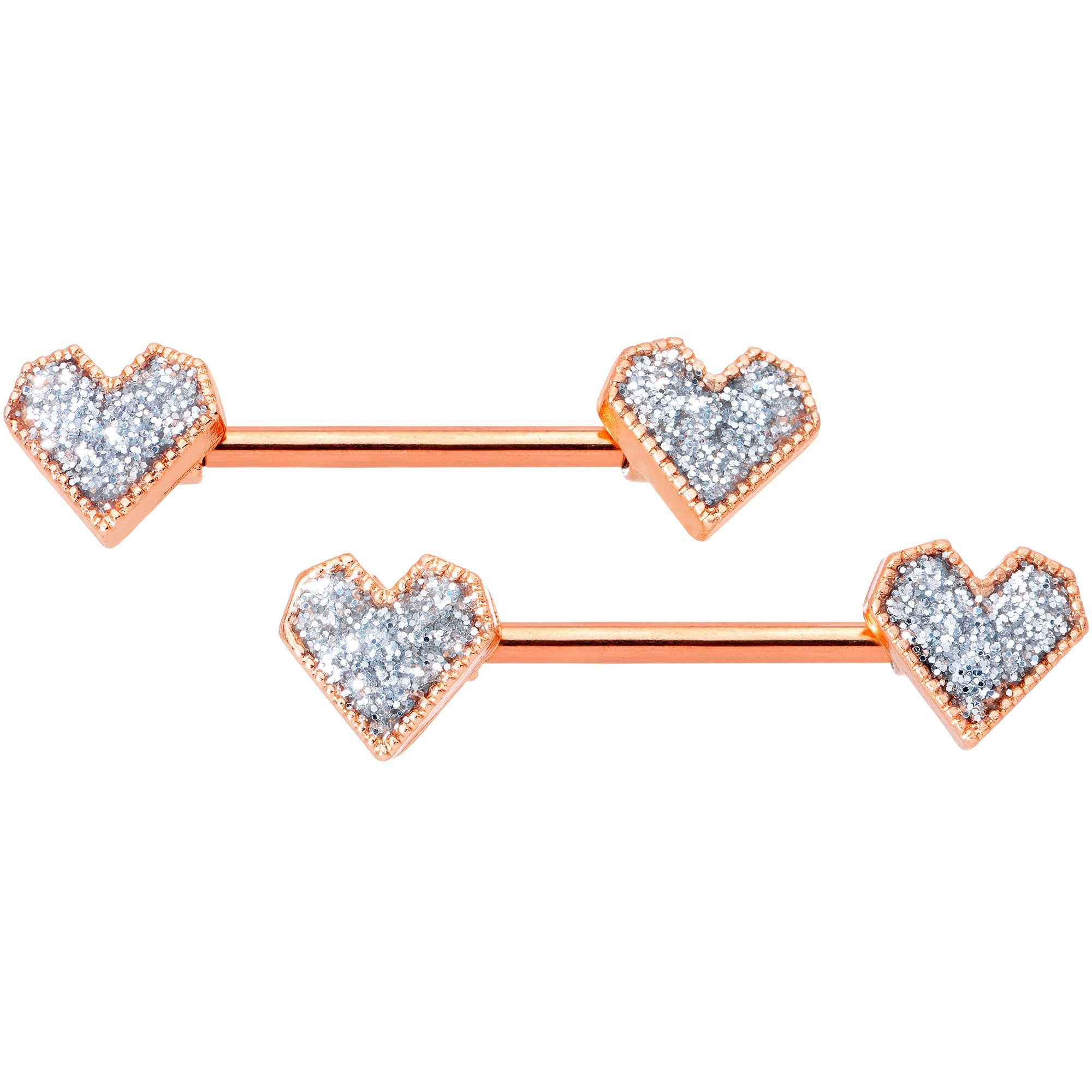 14G 9/16 Rose Gold Tone Valentine Heart Barbell Nipple Ring Set