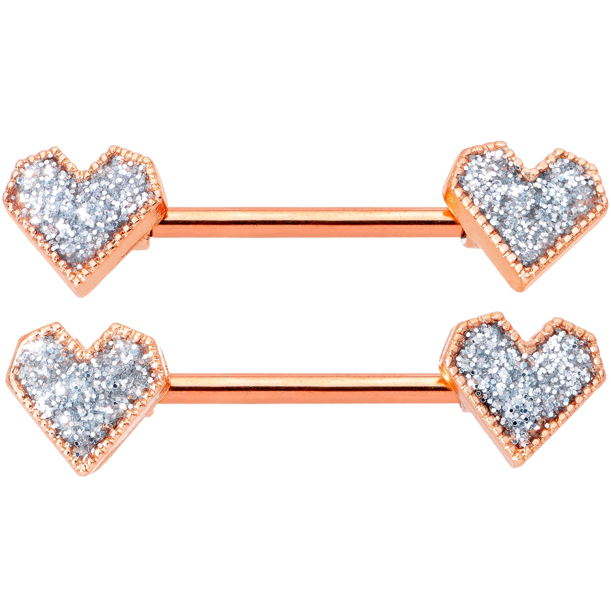 14 Gauge 9/16 Rose Gold Tone Valentine Heart Barbell Nipple Ring Set