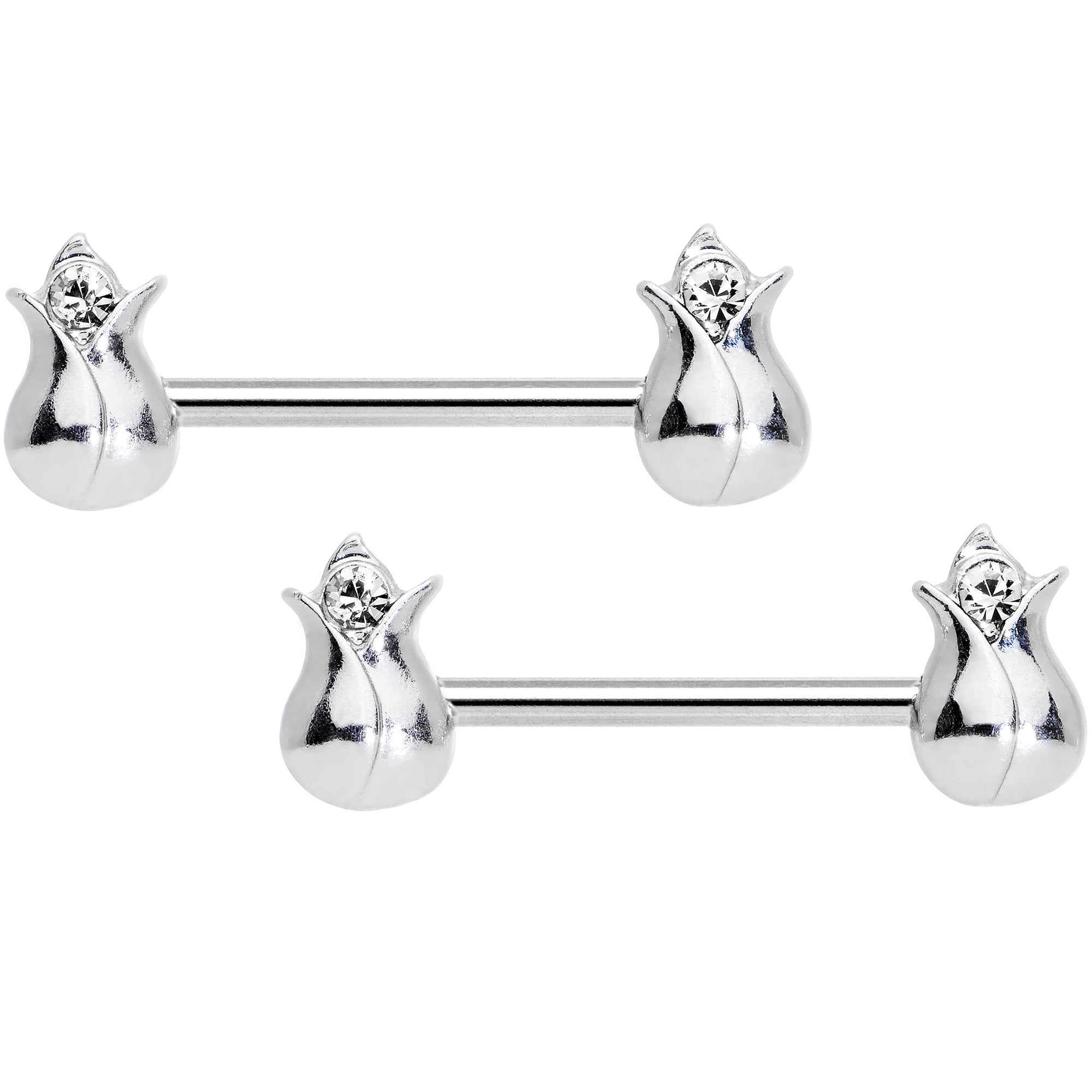 14G 9/16 Clear Gem Tulip Flower Barbell Nipple Ring Set