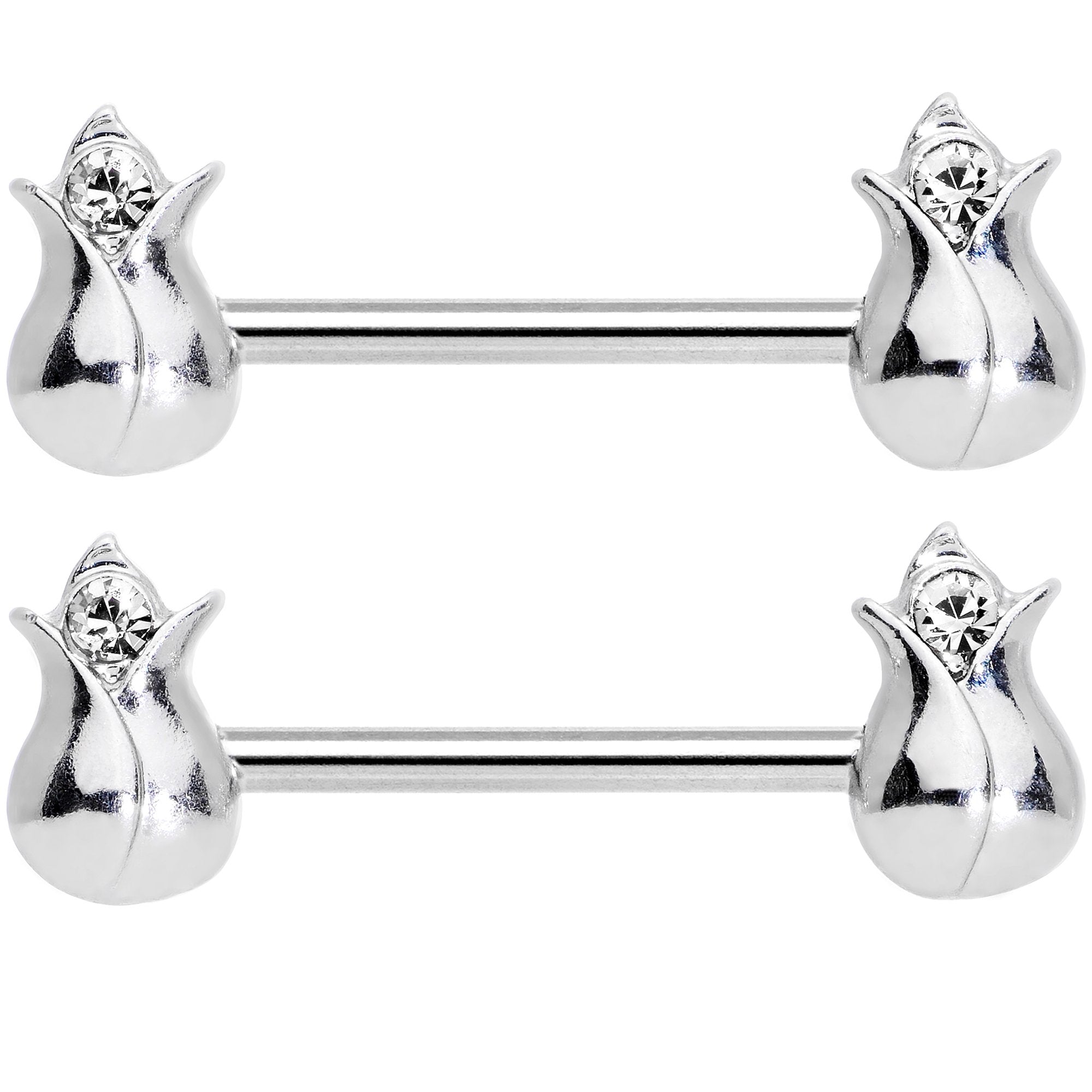14G 9/16 Clear Gem Tulip Flower Barbell Nipple Ring Set