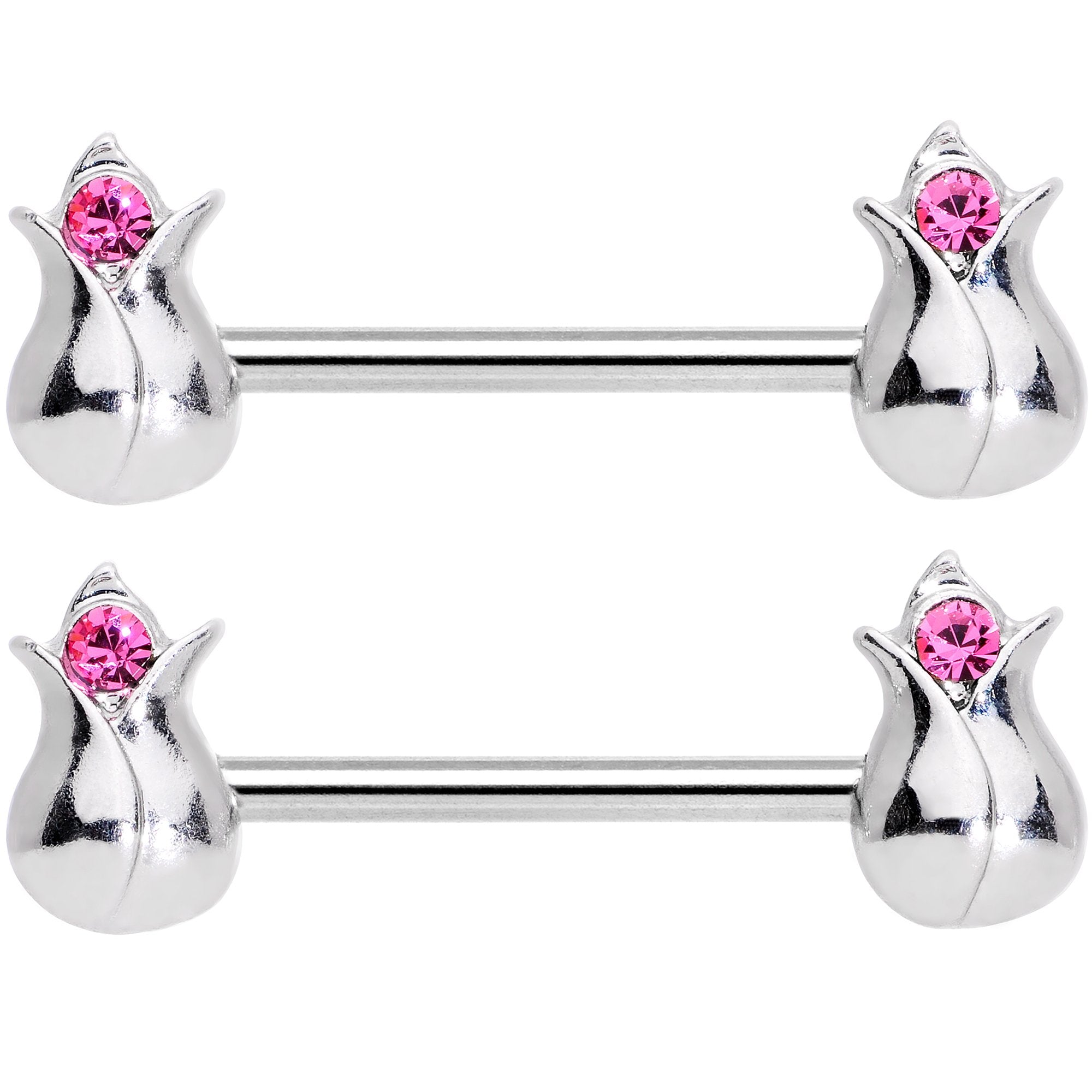 14G 9/16 Pink Gem Tulip Flower Barbell Nipple Ring Set