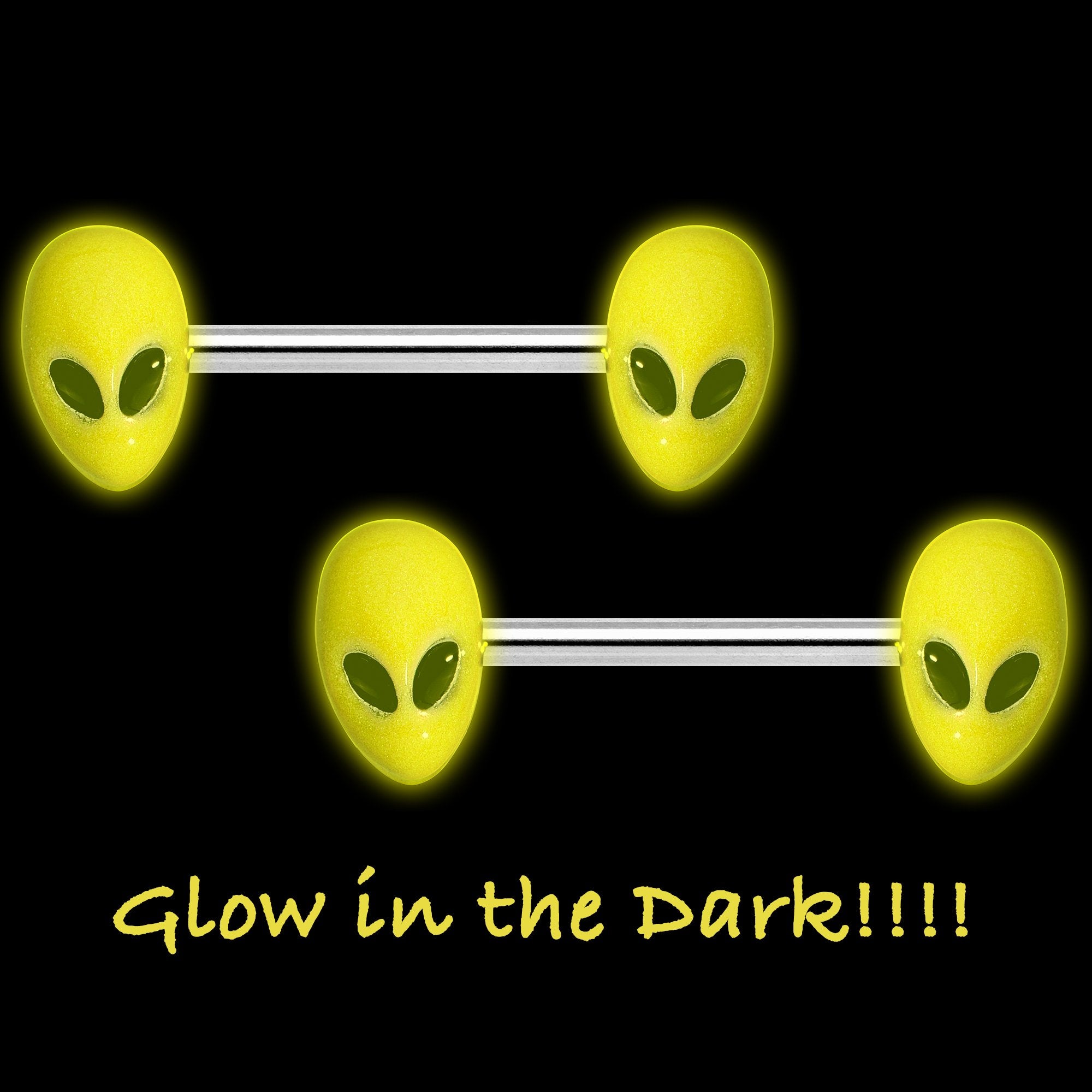 14G 9/16 Yellow Glow in the Dark Aliens Barbell Nipple Ring Set