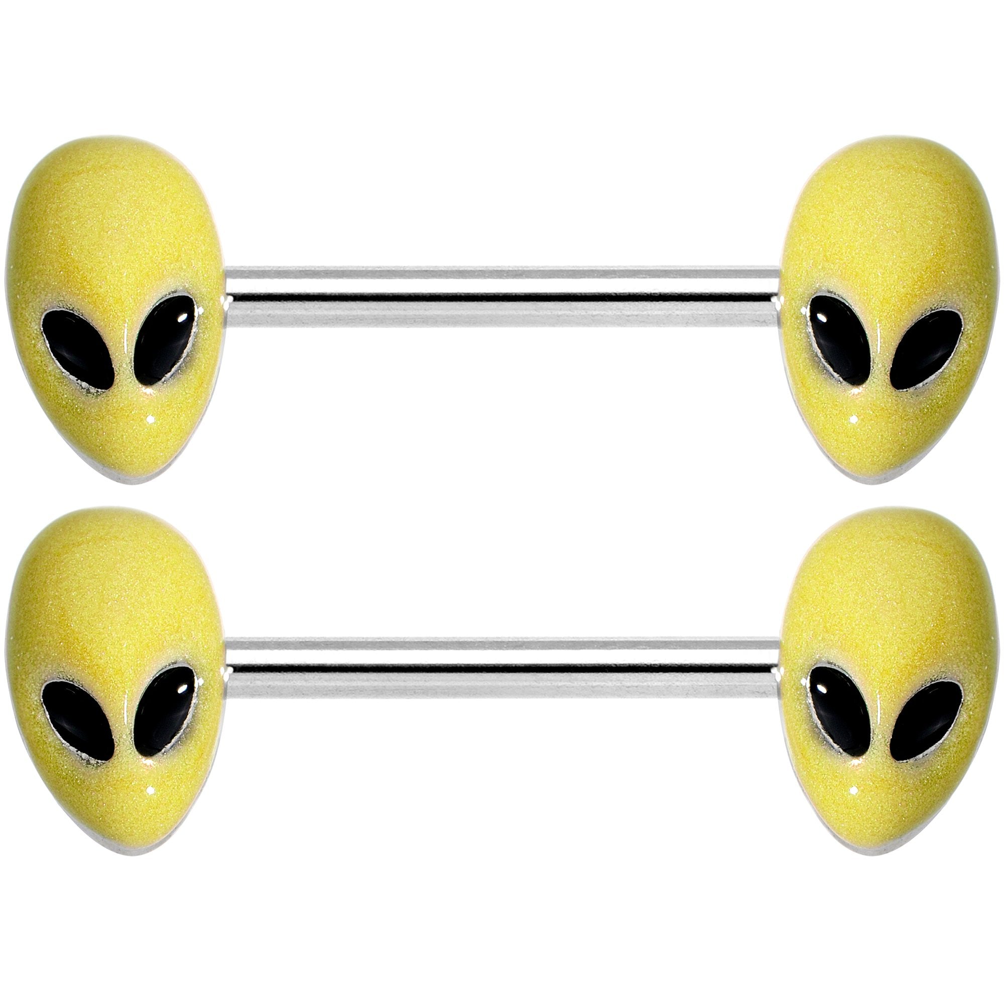 14G 9/16 Yellow Glow in the Dark Aliens Barbell Nipple Ring Set