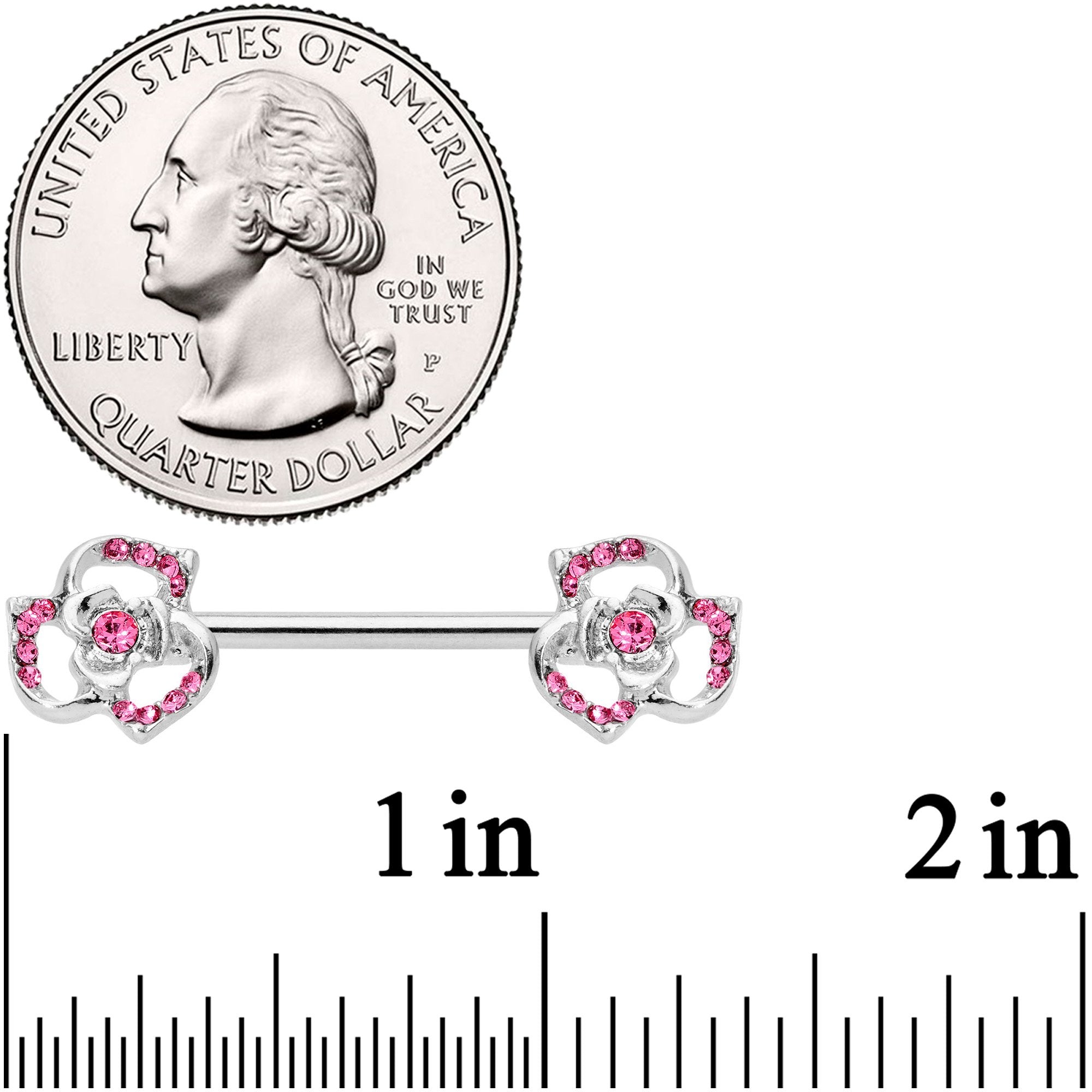 14G 9/16 Pink Gem Rose Flower Barbell Nipple Ring Set