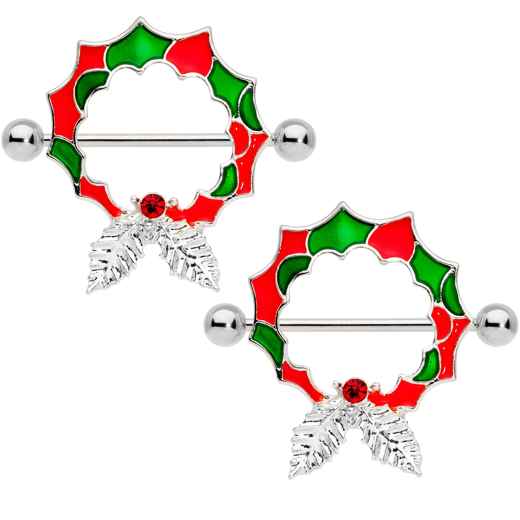 14G 25mm Red Gem Happy Holiday Wreath Nipple Shield Set