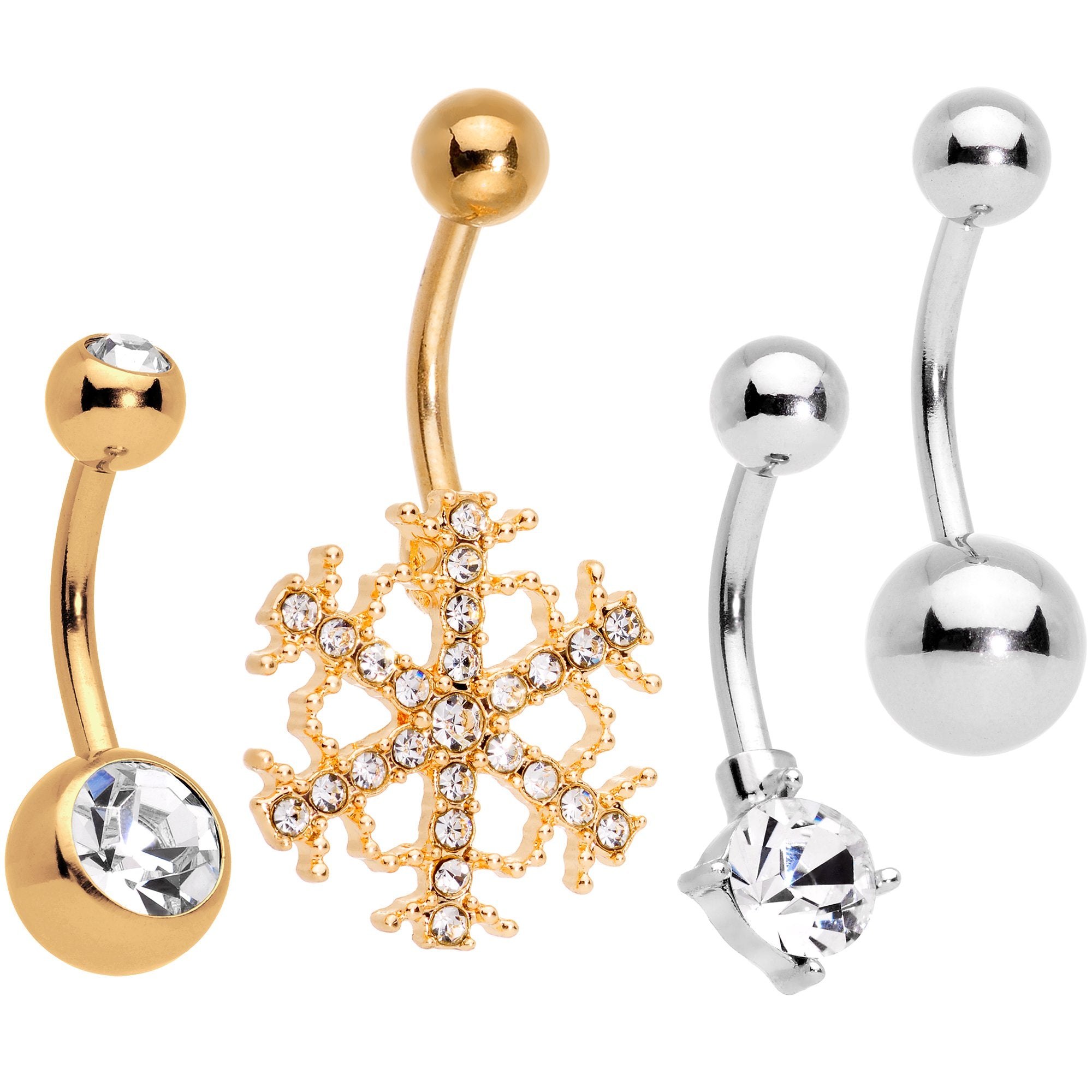 Clear Gem Gold Tone Winter Snowflake Belly Ring Set of 4
