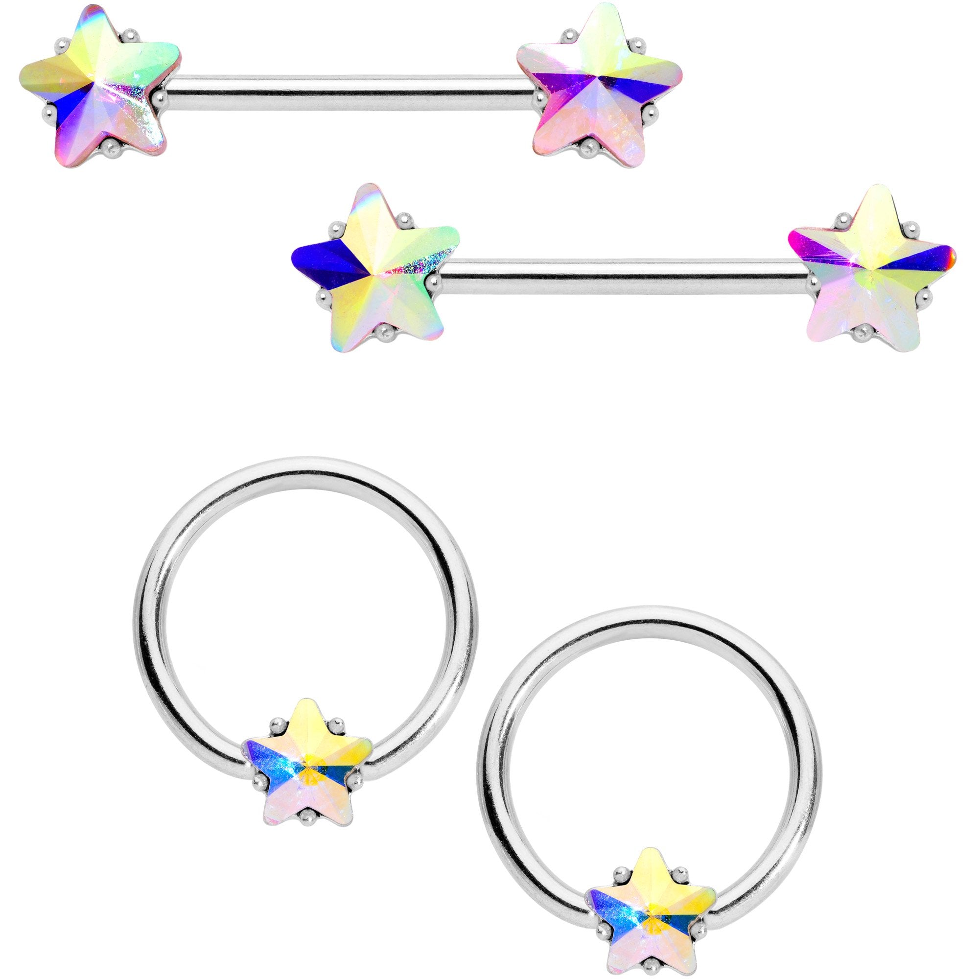14G 9/16 1/2 Aurora Star Gem BCR Barbell Nipple Ring Set