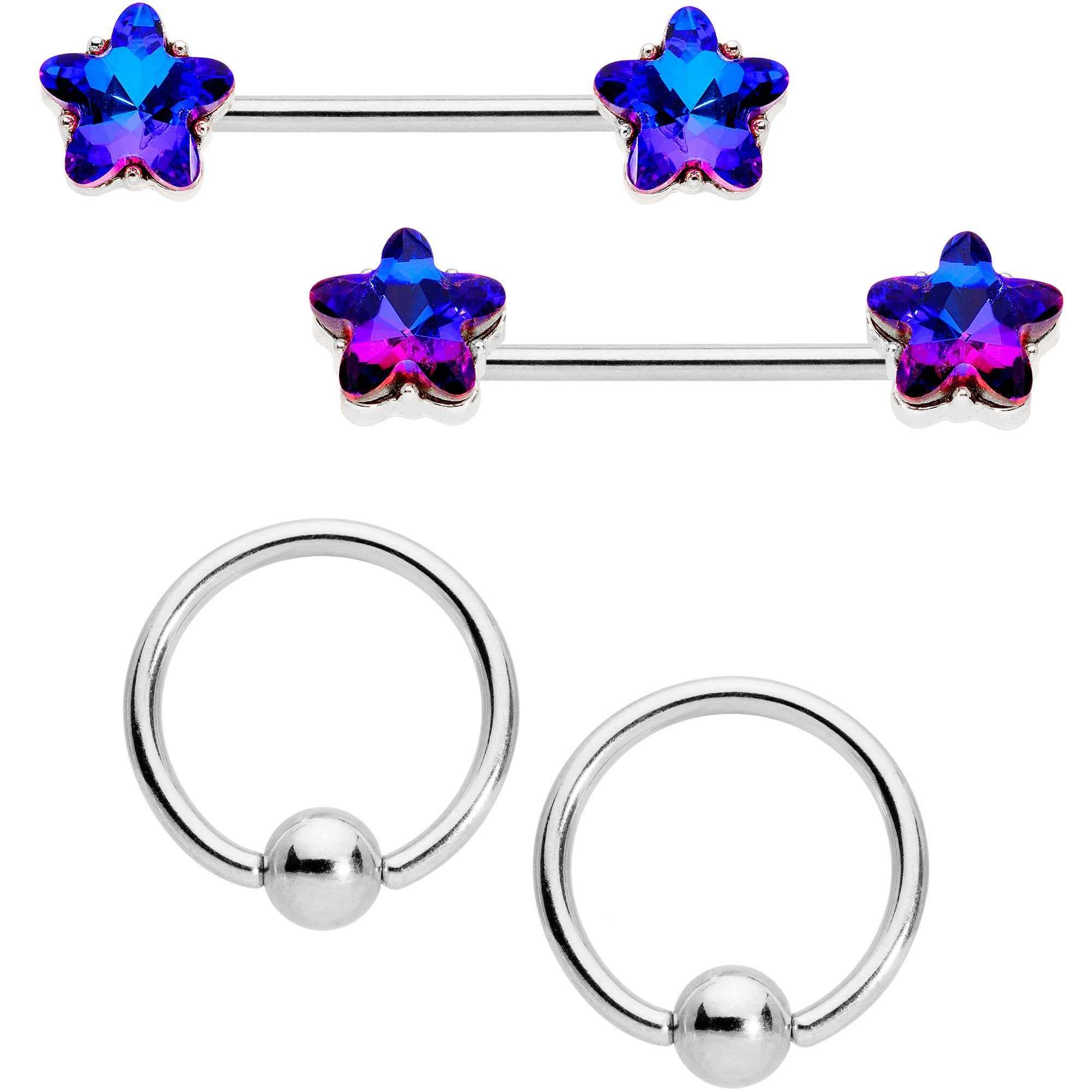 14G 9/16 1/2 Purple Blue Star BCR Barbell Nipple Ring Set