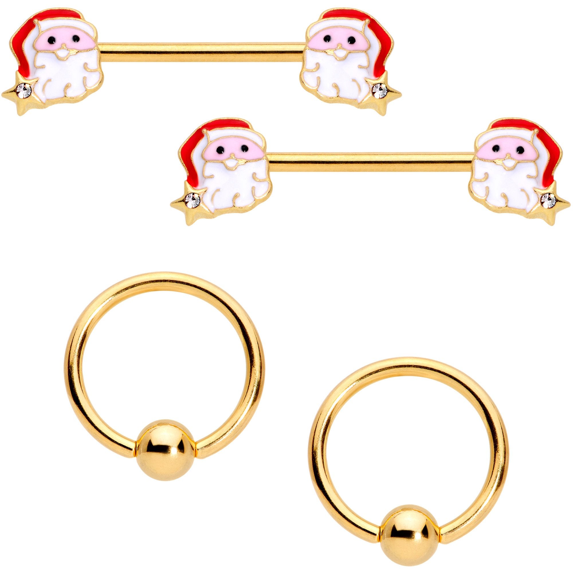 14G 1/2 Gold Tone Santa Captive Barbell Nipple Ring Set of 4