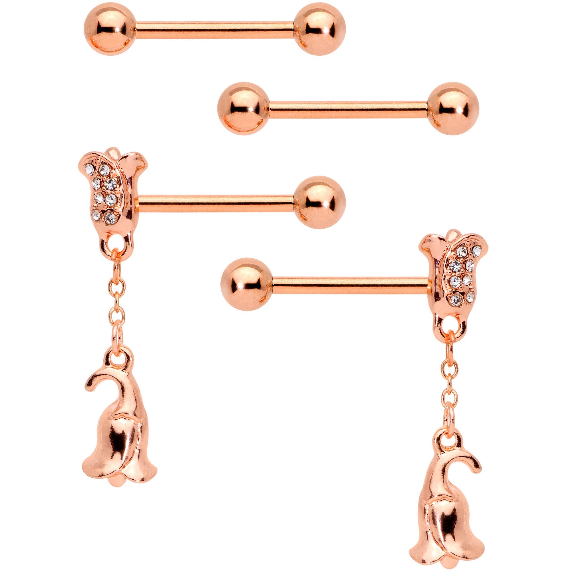14G 9/16 Rose Gold Tone Flowers Barbell Nipple Ring Set of 4