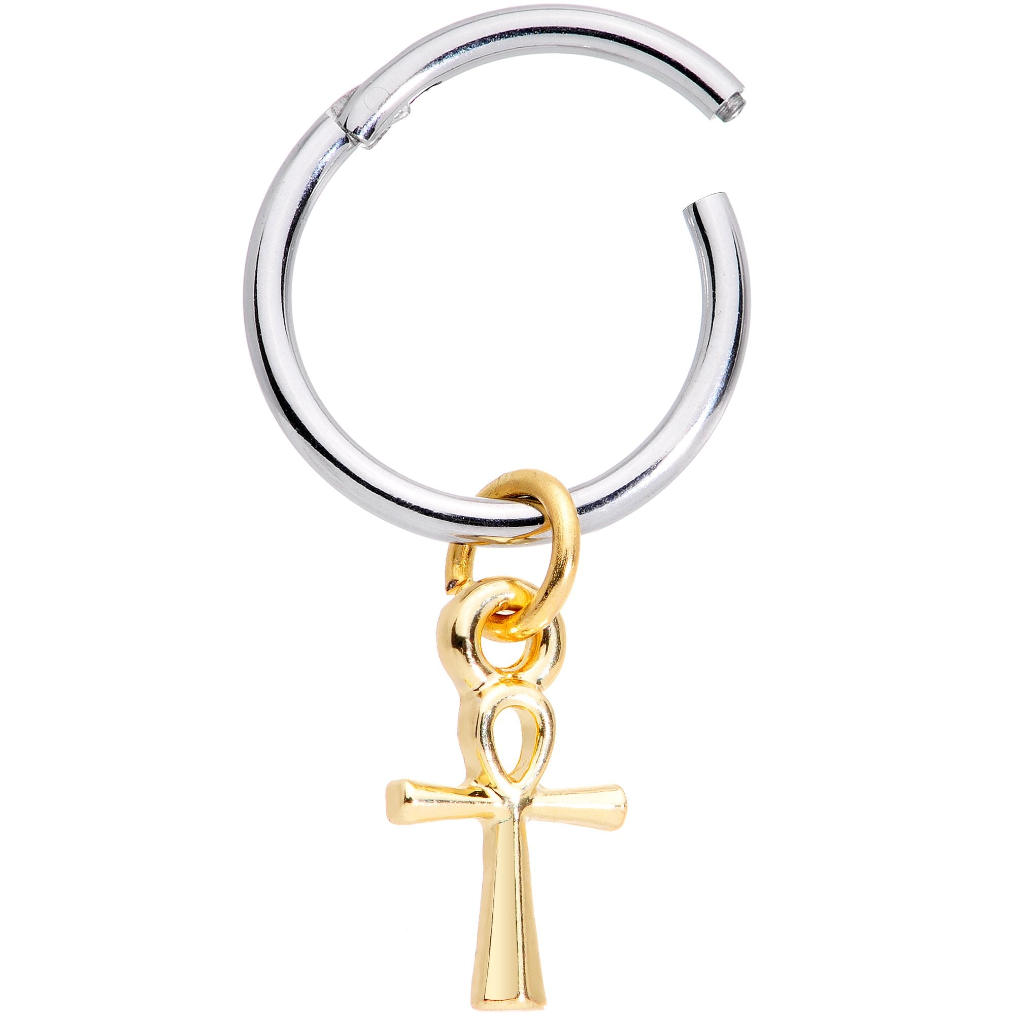 16G 3/8 Gold Tone Egyptian Ankh Hinged Dangle Segment Ring
