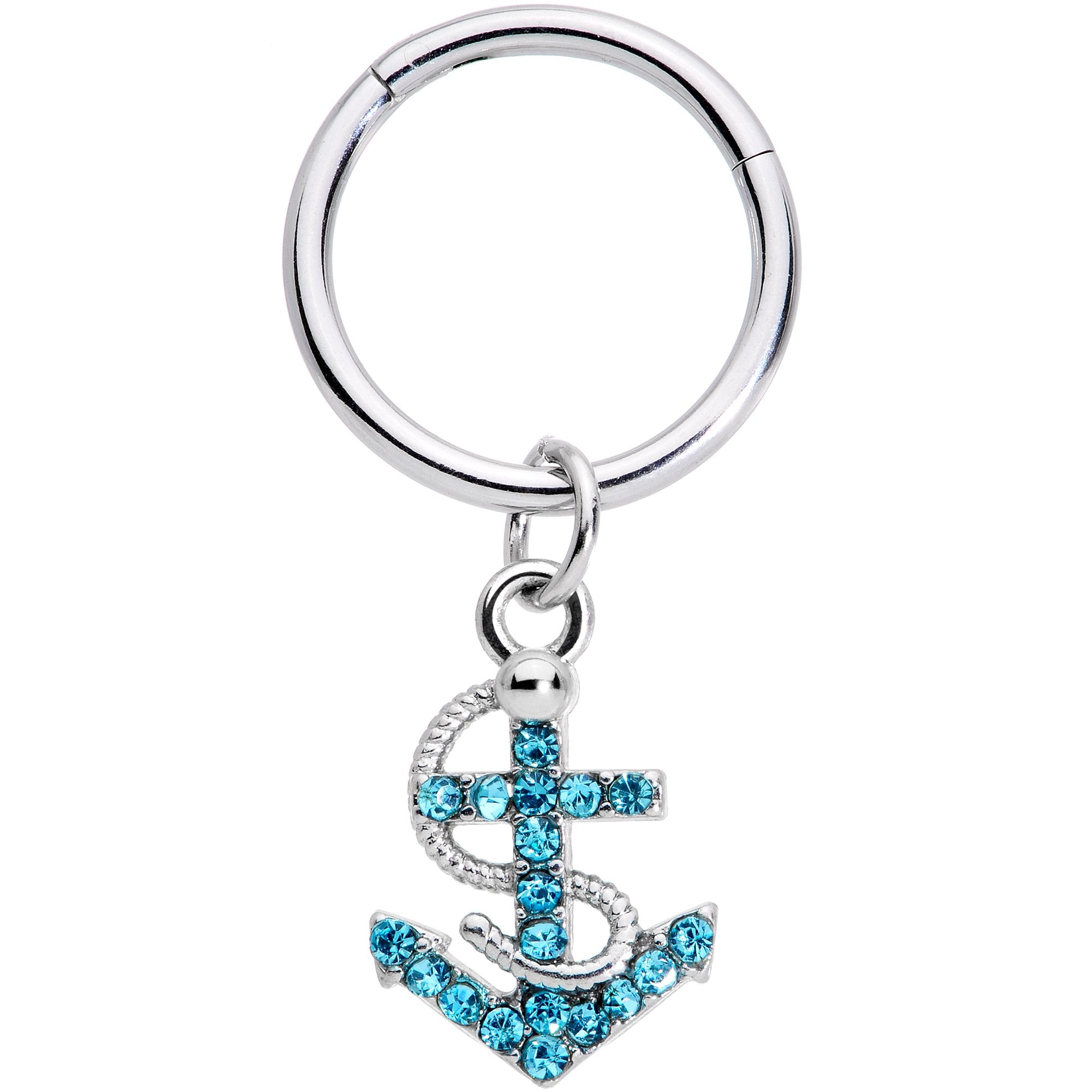 16G 3/8 Aqua CZ Gem Nautical Anchor Hinged Dangle Segment Ring