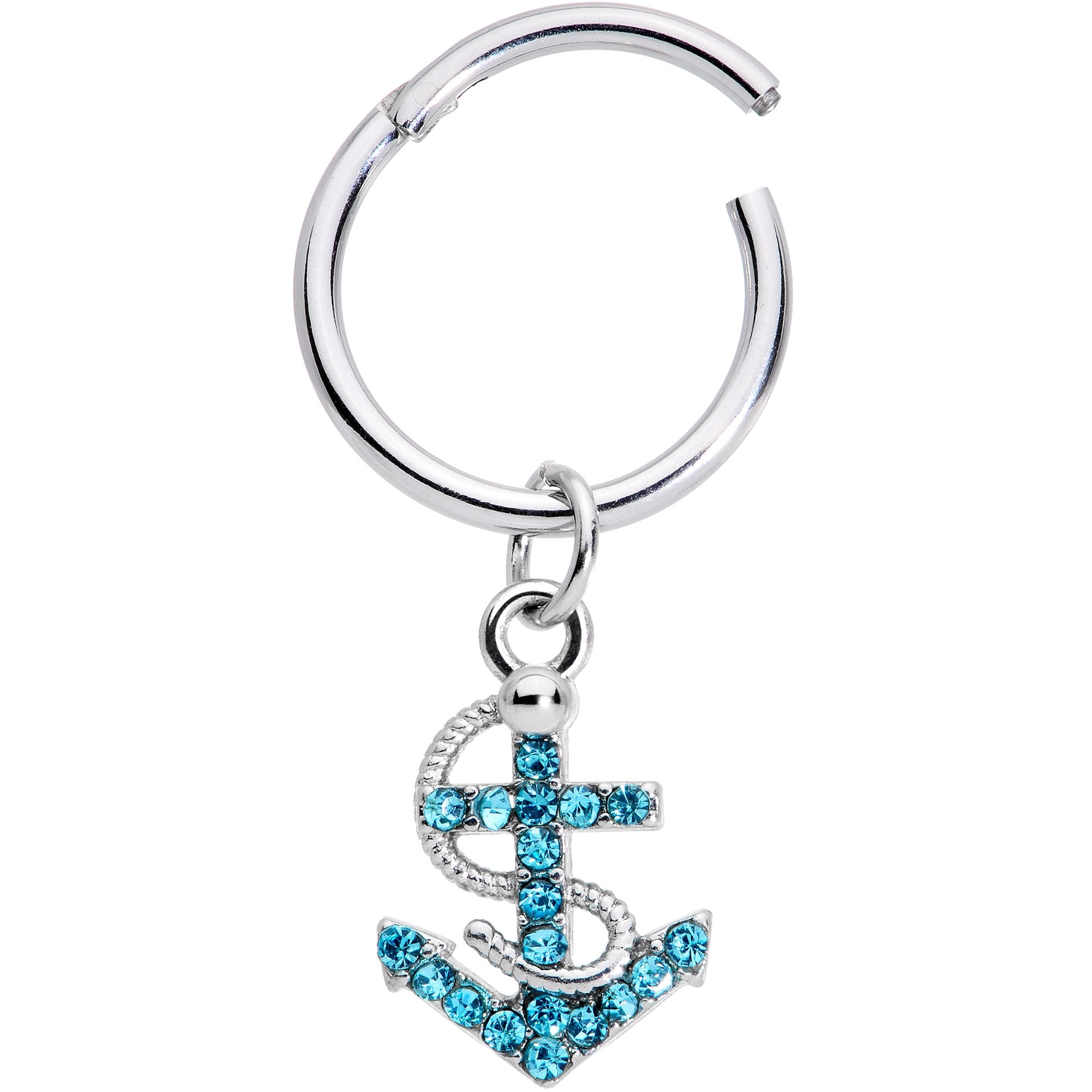 16G 3/8 Aqua CZ Gem Nautical Anchor Hinged Dangle Segment Ring