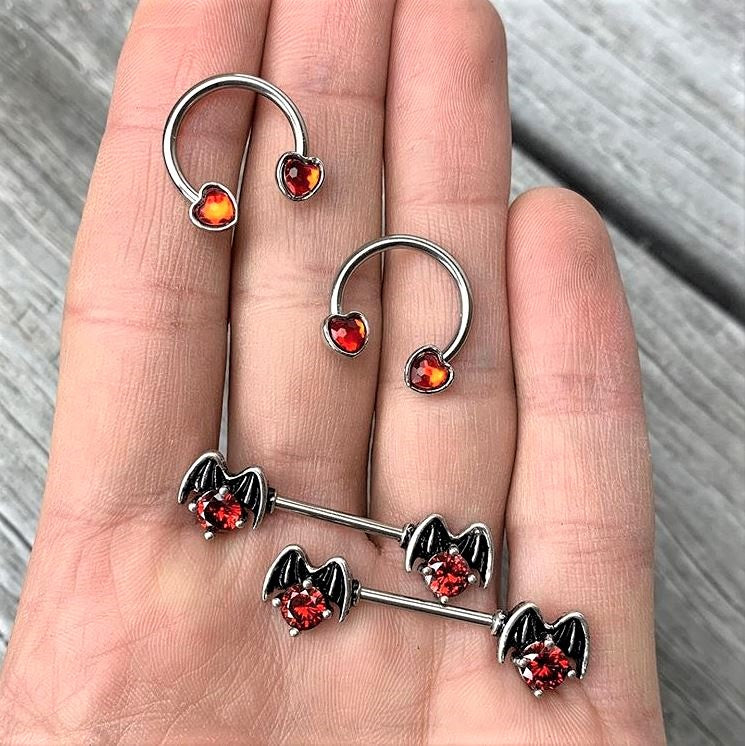14G 9/16 Red Gem Halloween Night Bat Barbell Nipple Ring Set