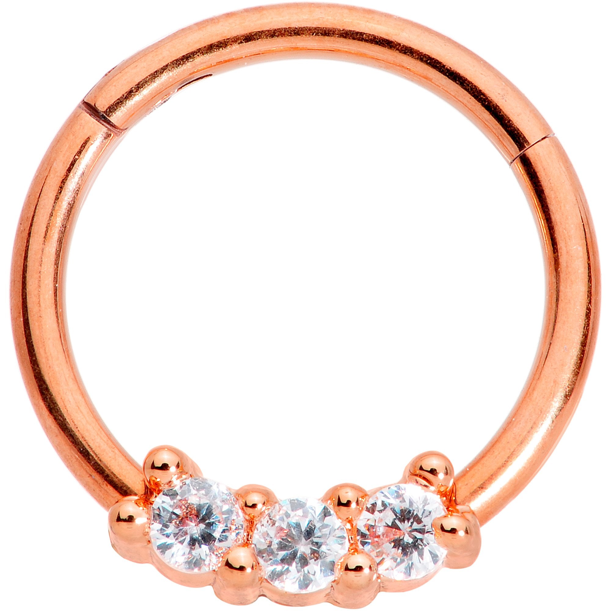 16G 3/8 Clear CZ Gem Rose Gold Tone Trio Hinged Segment Ring