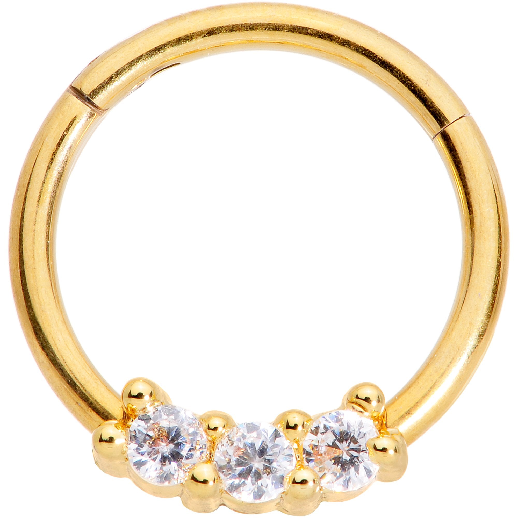 16G 3/8 Clear CZ Gem Gold Tone Trio Hinged Segment Ring