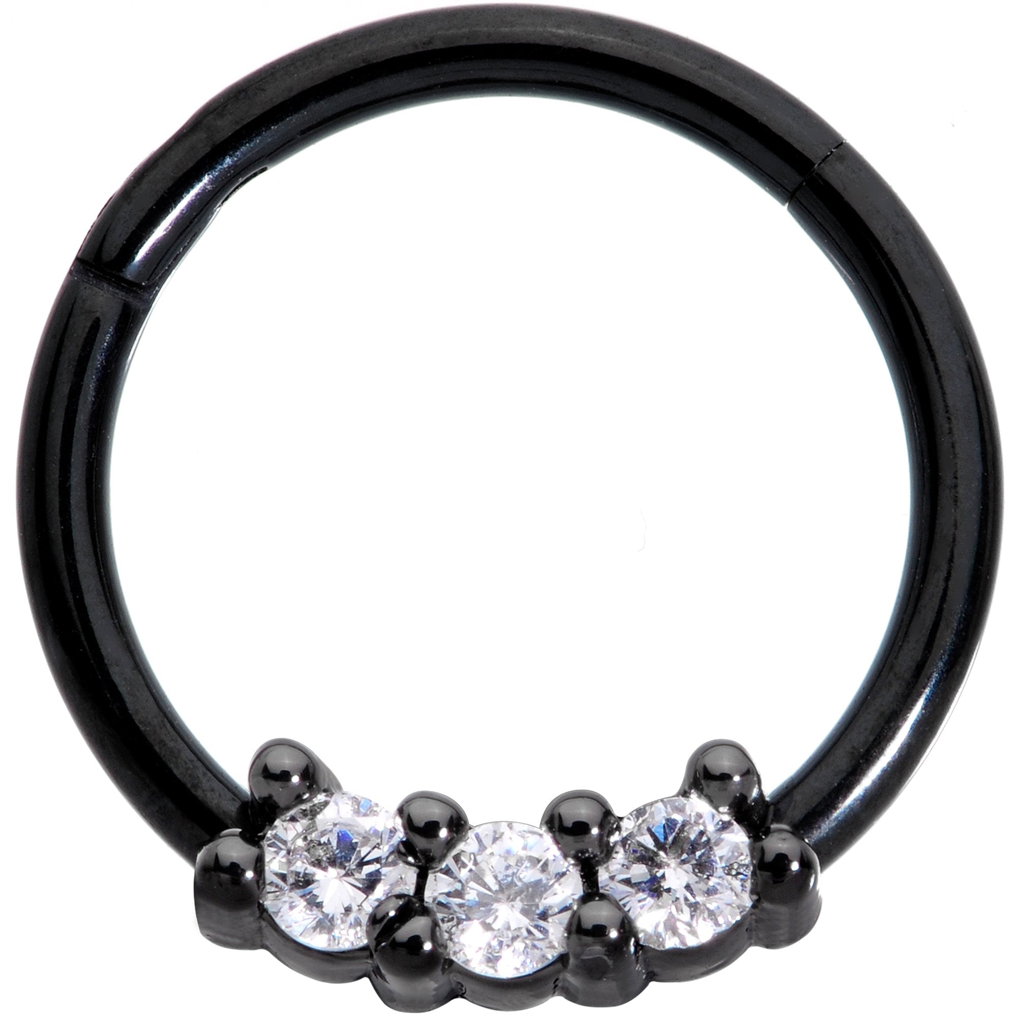 16G 3/8 Clear CZ Gem Black Trio Hinged Segment Ring