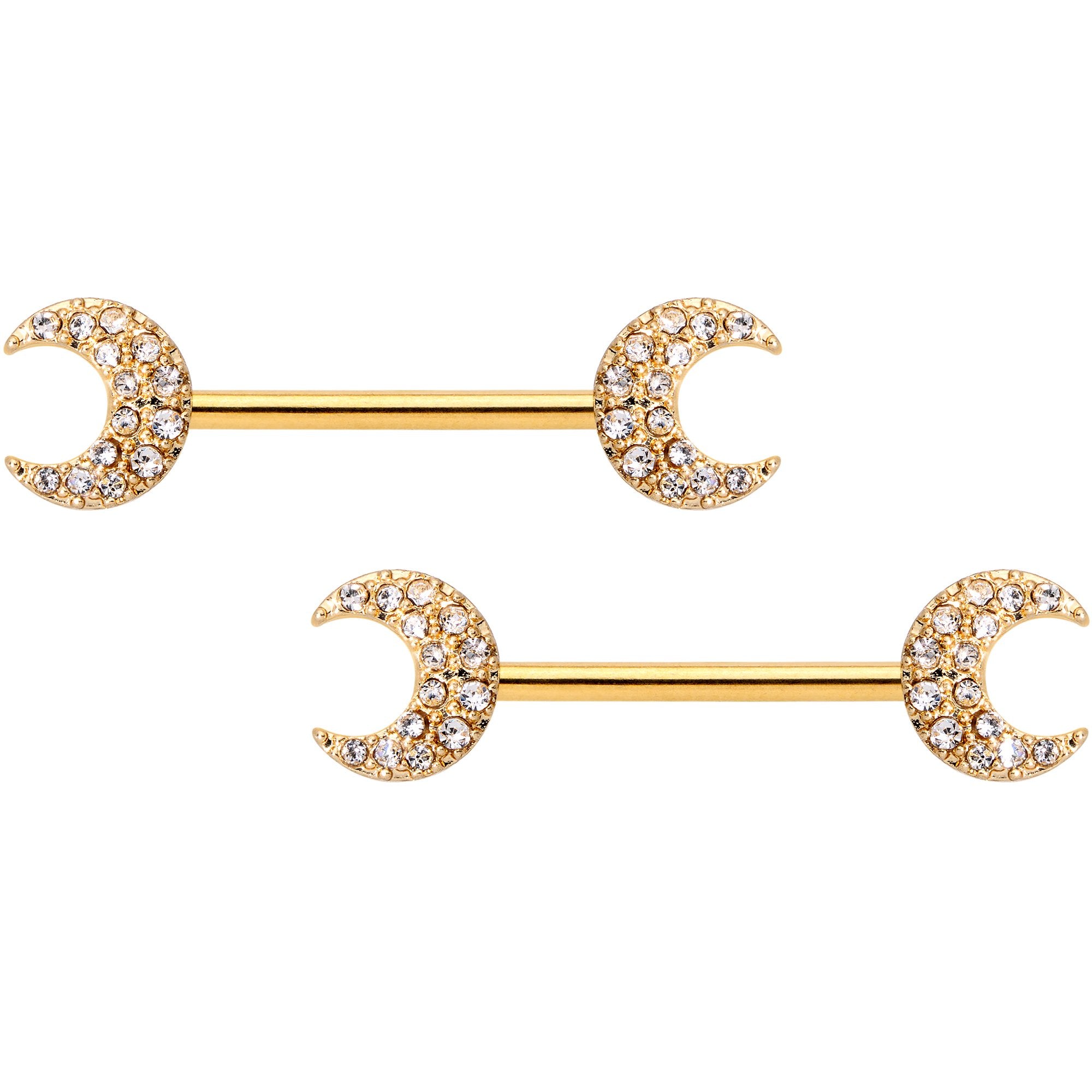 14G 9/16 Clear Gem Gold Tone Crescent Moon Barbell Nipple Ring Set