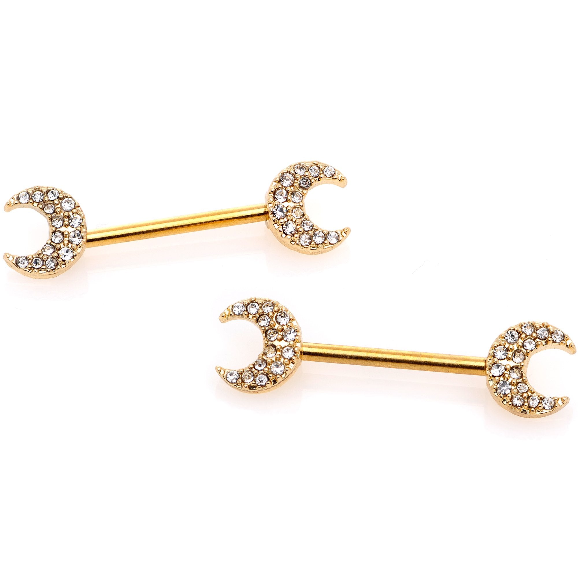 14G 9/16 Clear Gem Gold Tone Crescent Moon Barbell Nipple Ring Set