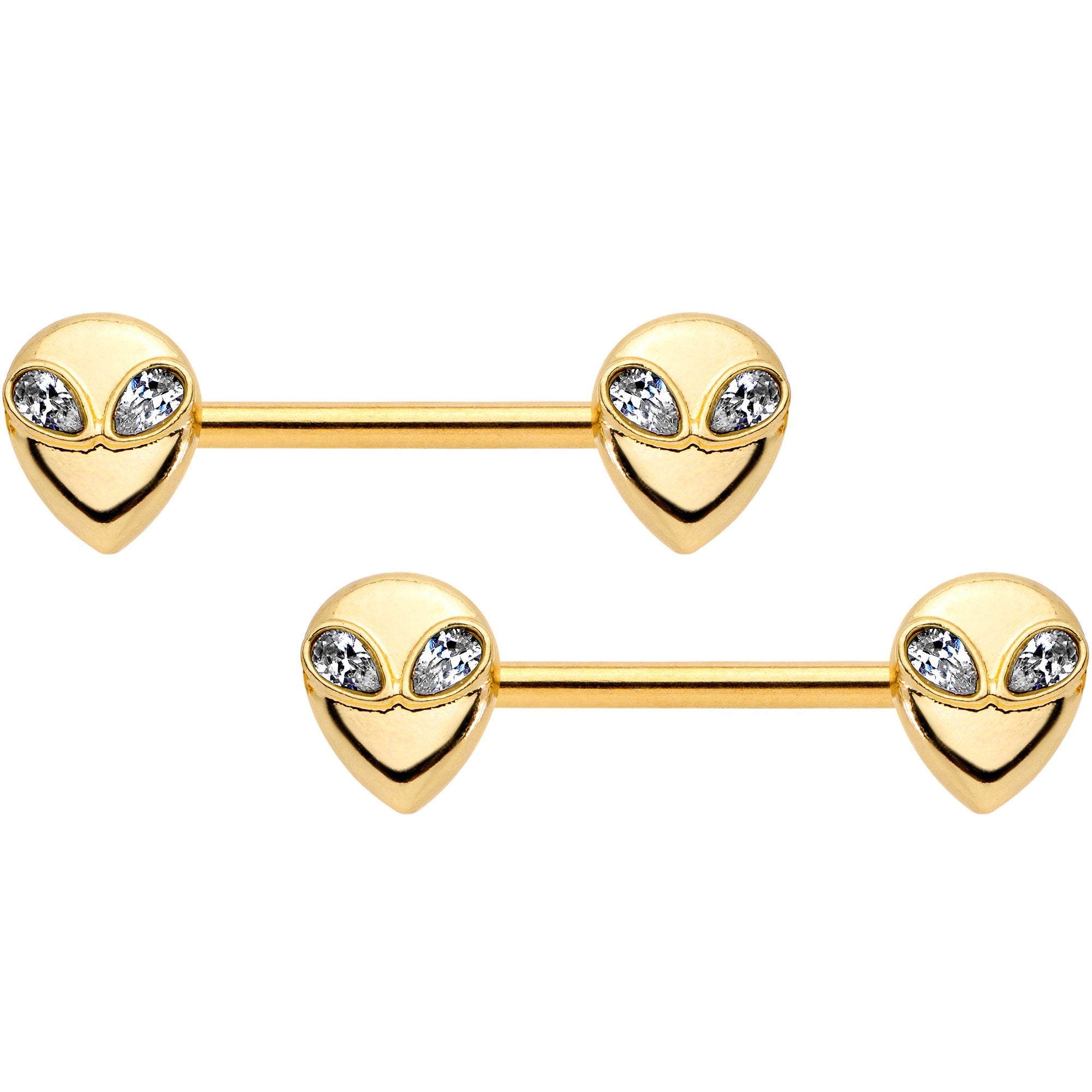 14G 9/16 Clear Gem Gold PVD Space Alien Barbell Nipple Ring Set