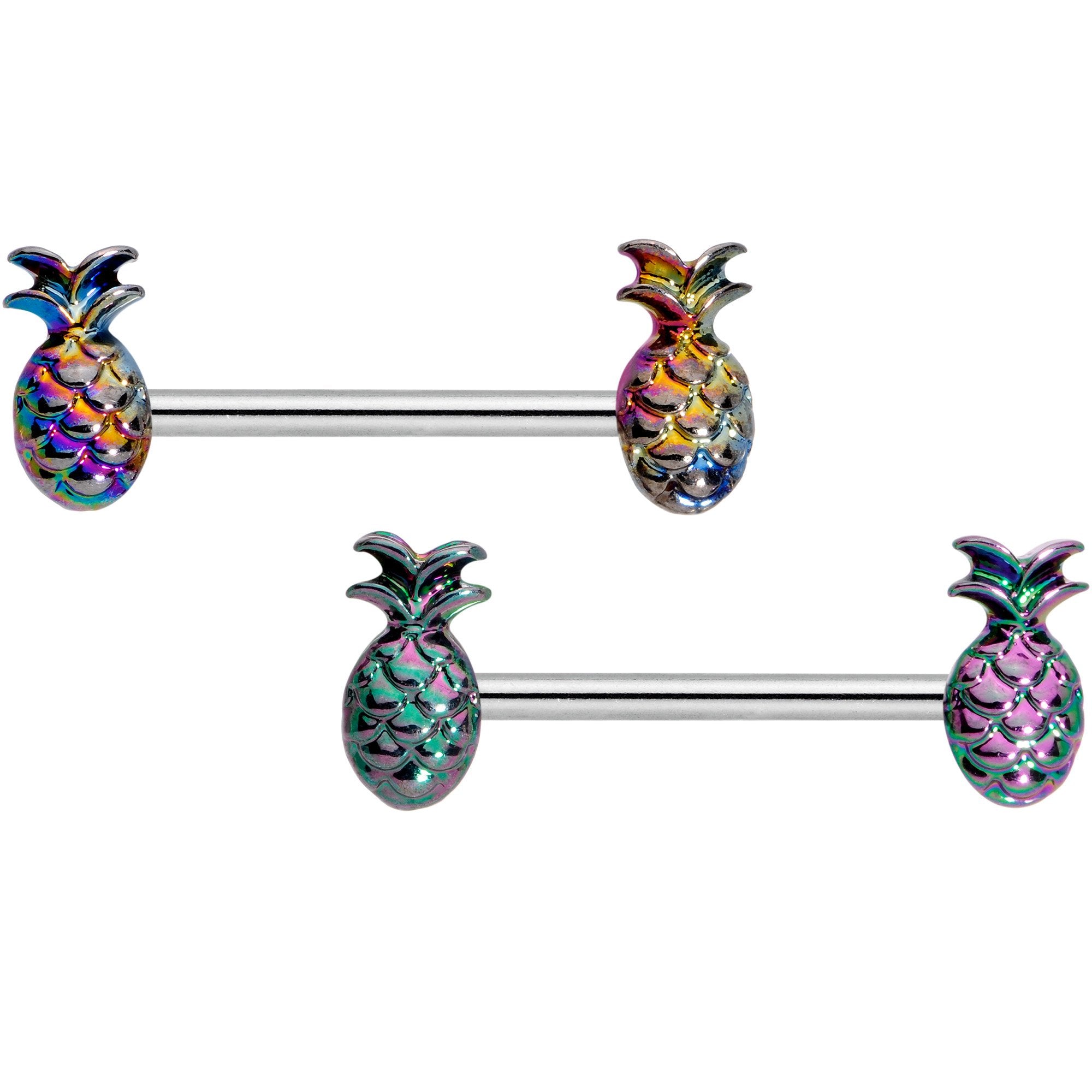 14G 9/16 Iridescent Rainbow Pineapple Barbell Nipple Ring Set